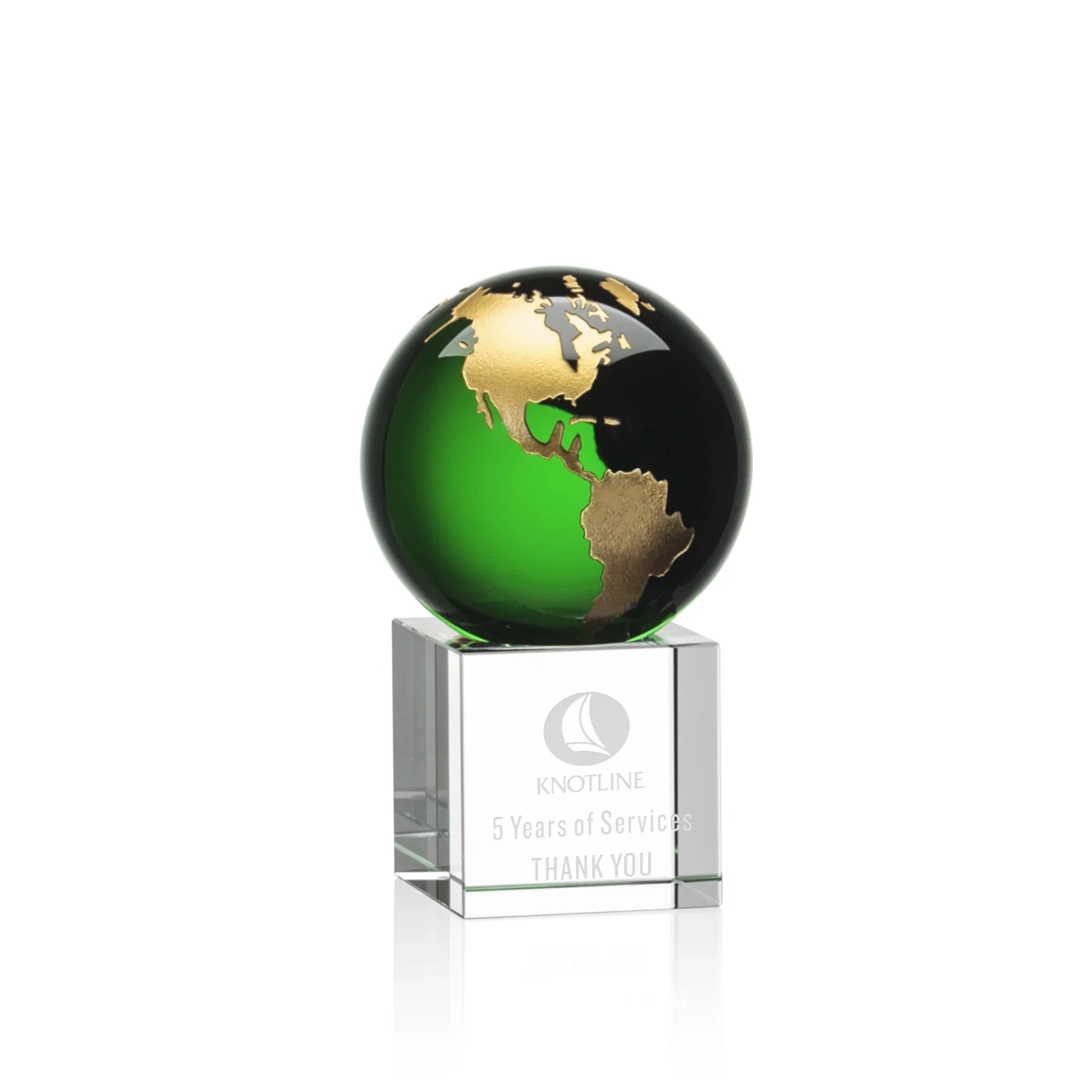 Custom Color-Filled Continent Crystal Globe Award on Optical Cube for corporate award ceremonies