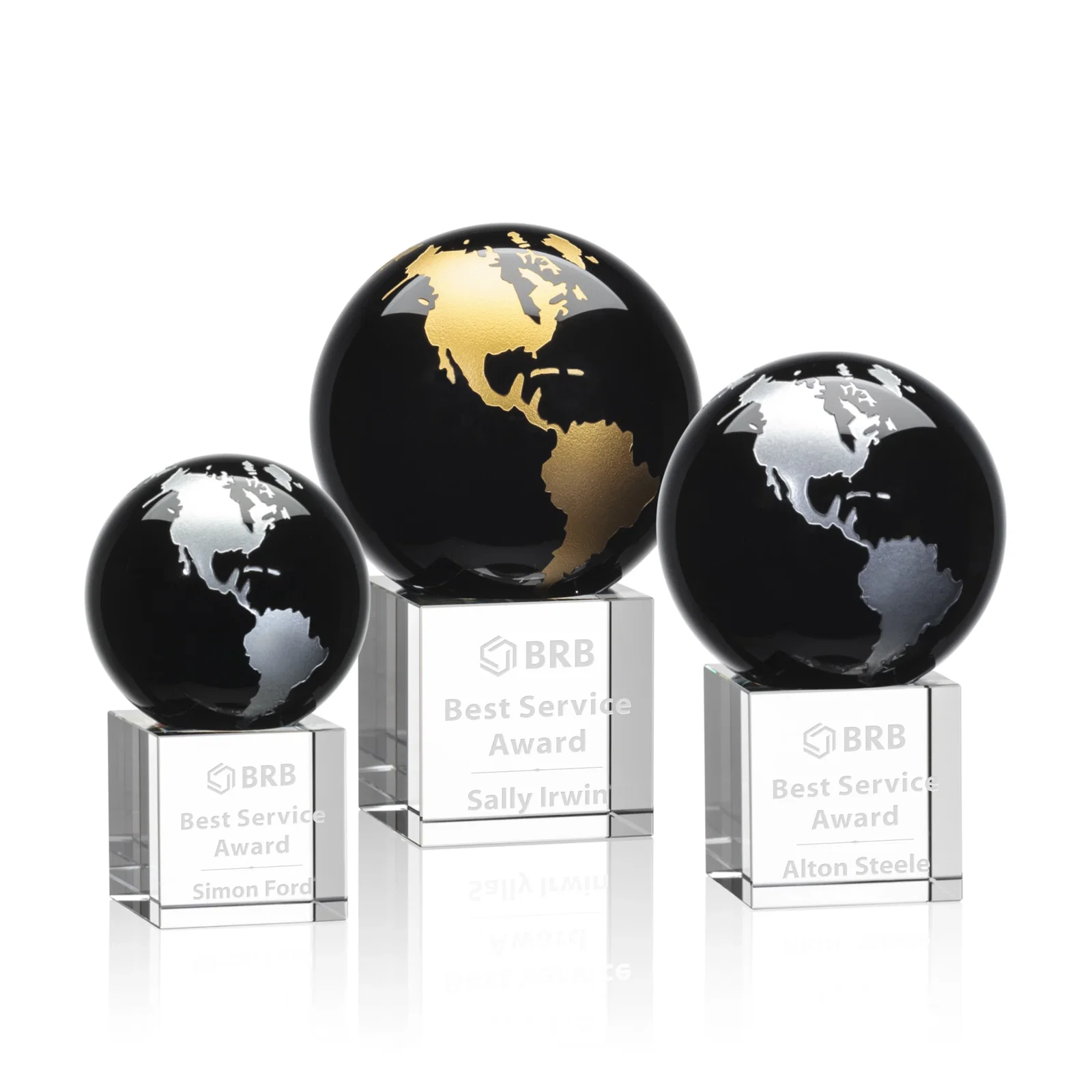 Custom Color-Filled Continent Crystal Globe Award on Optical Cube for retirement presentations