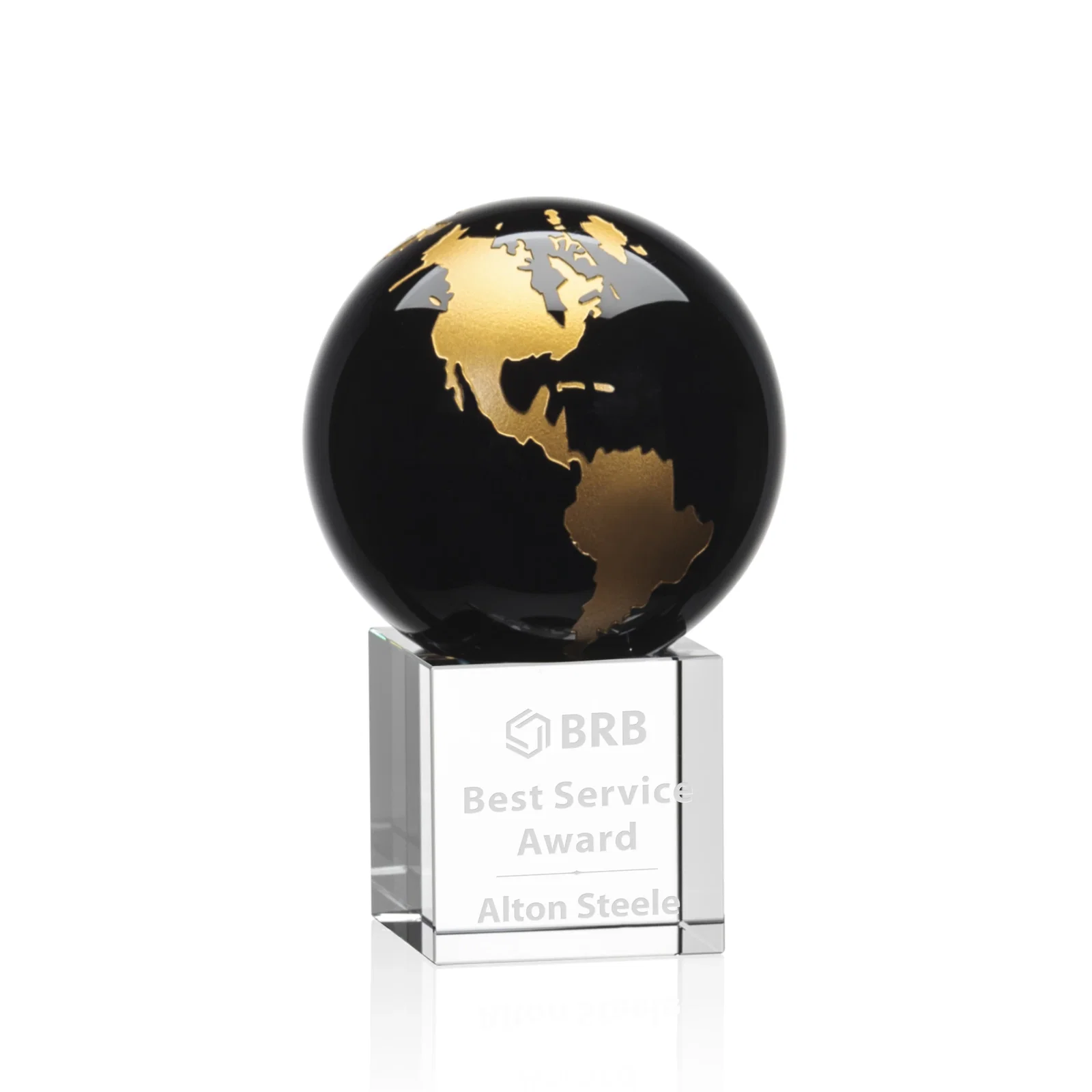 Custom Color-Filled Continent Crystal Globe Award on Optical Cube for donor appreciation