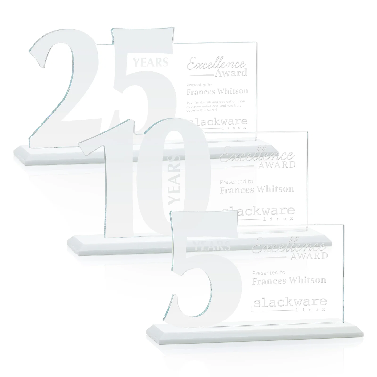 Custom Starfire Crystal Years of Service Award with a Sculpted Number, awards for employee recognition