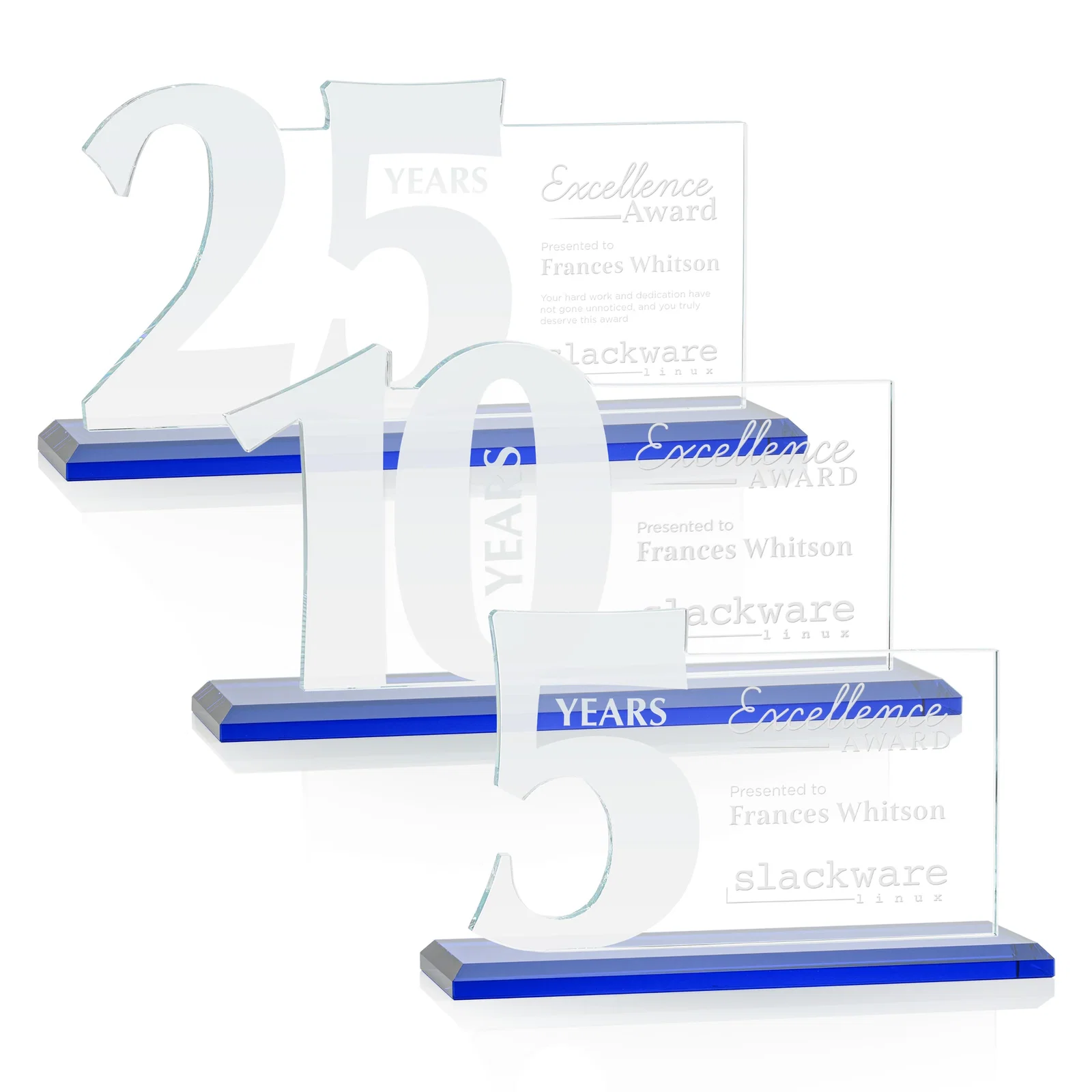 Personalized Starfire Crystal Years of Service Award with a Sculpted Number, awards for donor appreciation
