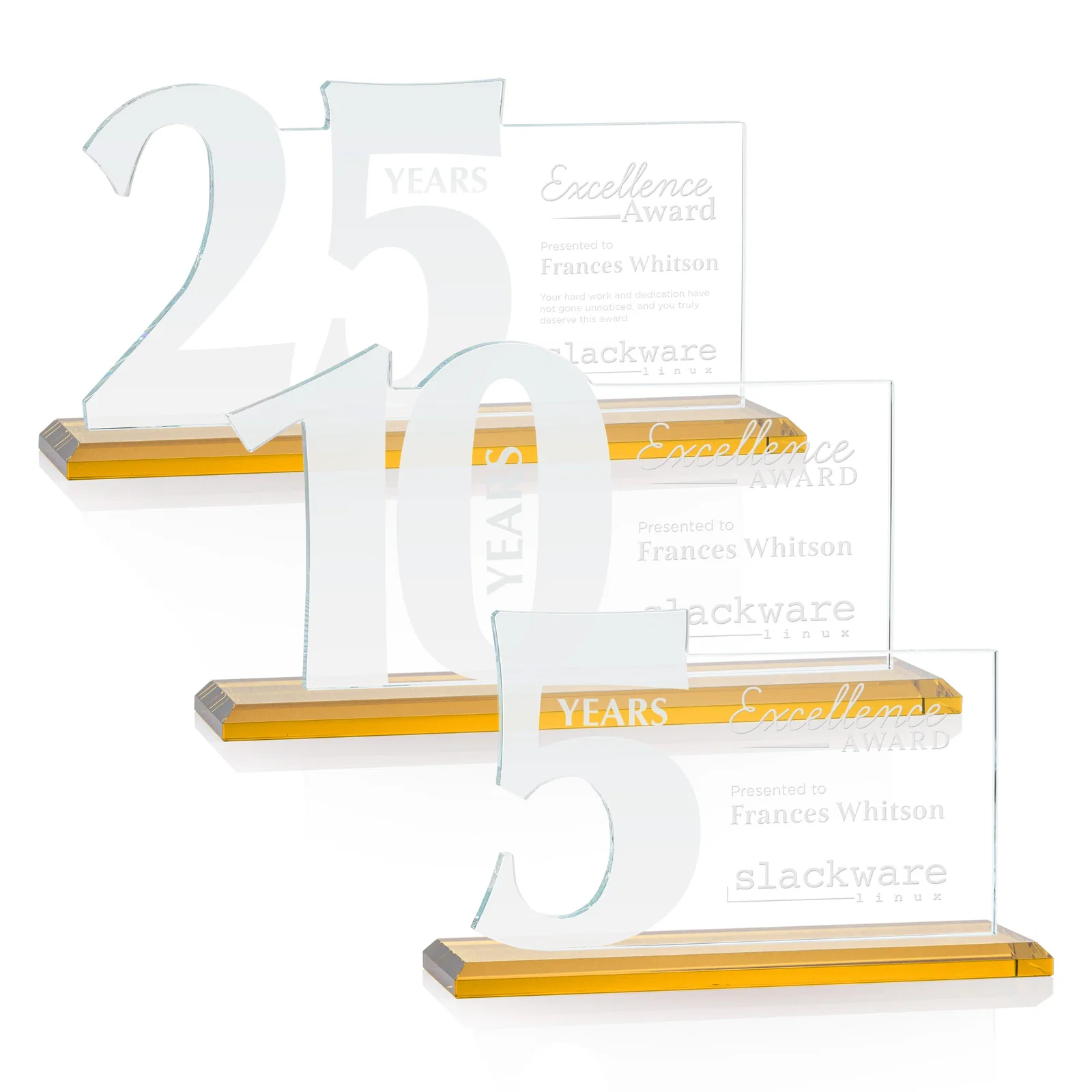 Branded Starfire Crystal Years of Service Award with a Sculpted Number, awards for employee recognition