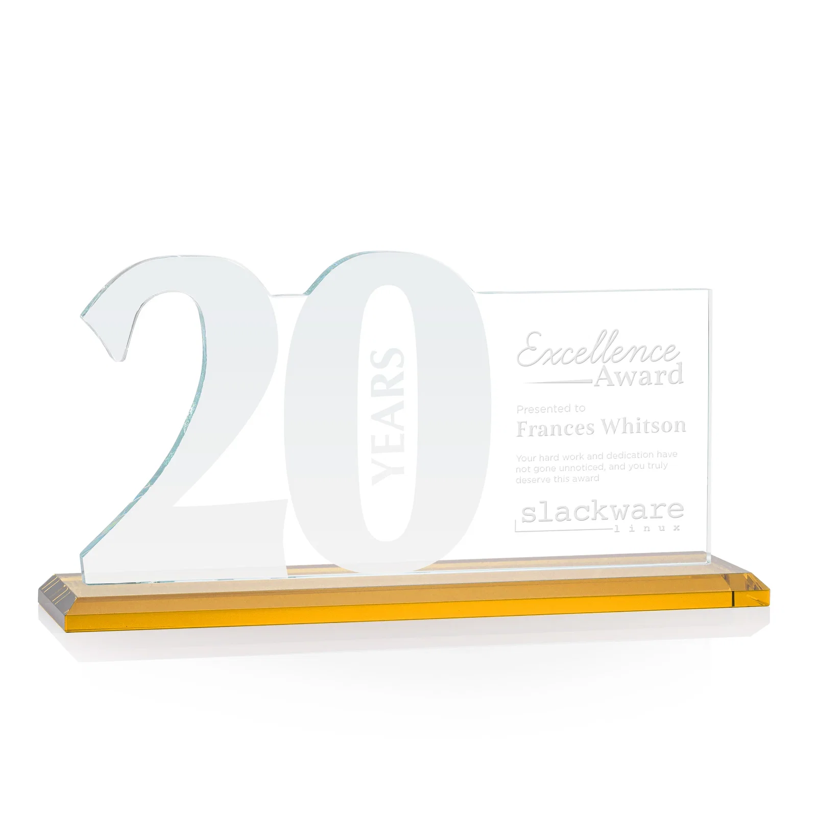 Branded Starfire Crystal Years of Service Award with a Sculpted Number, awards for retirement presentations