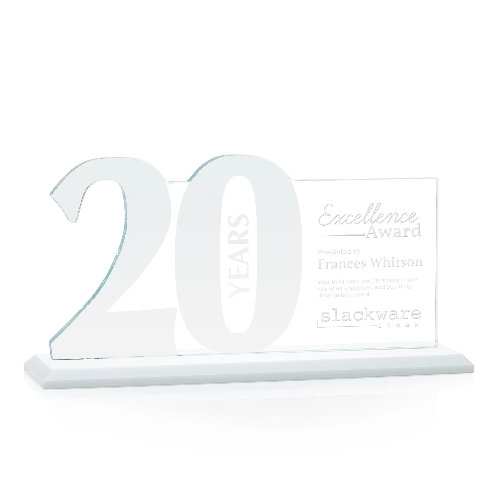 Custom Starfire Crystal Years of Service Award with a Sculpted Number, awards for retirement presentations