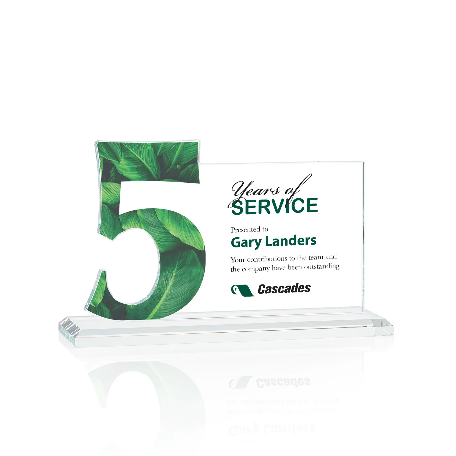 Custom printed Starfire Crystal Years of Service Award with a Sculpted Number, awards for corporate award ceremonies