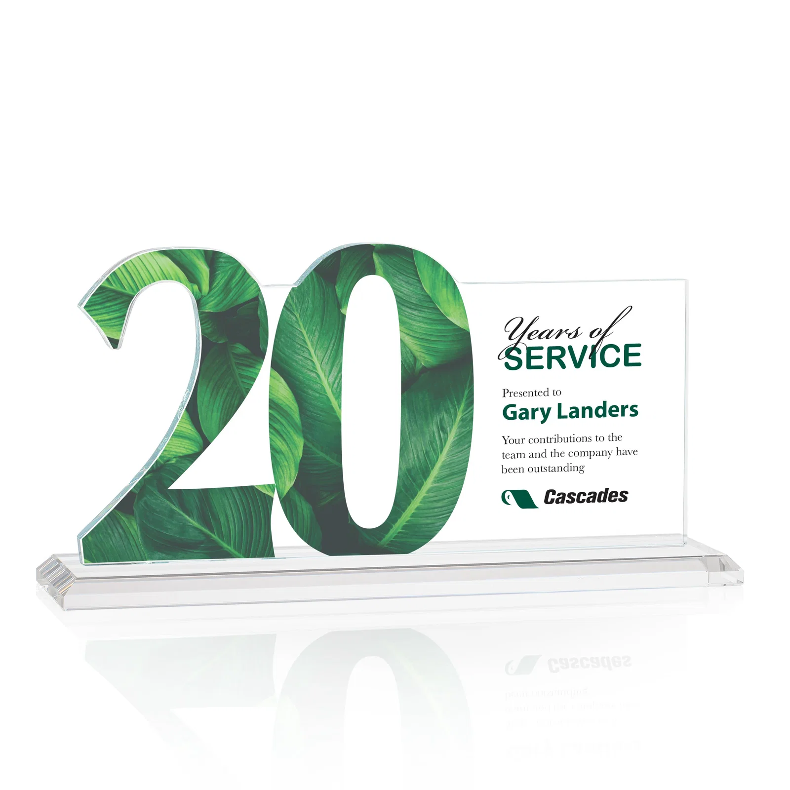 Custom printed Starfire Crystal Years of Service Award with a Sculpted Number, awards for retirement presentations