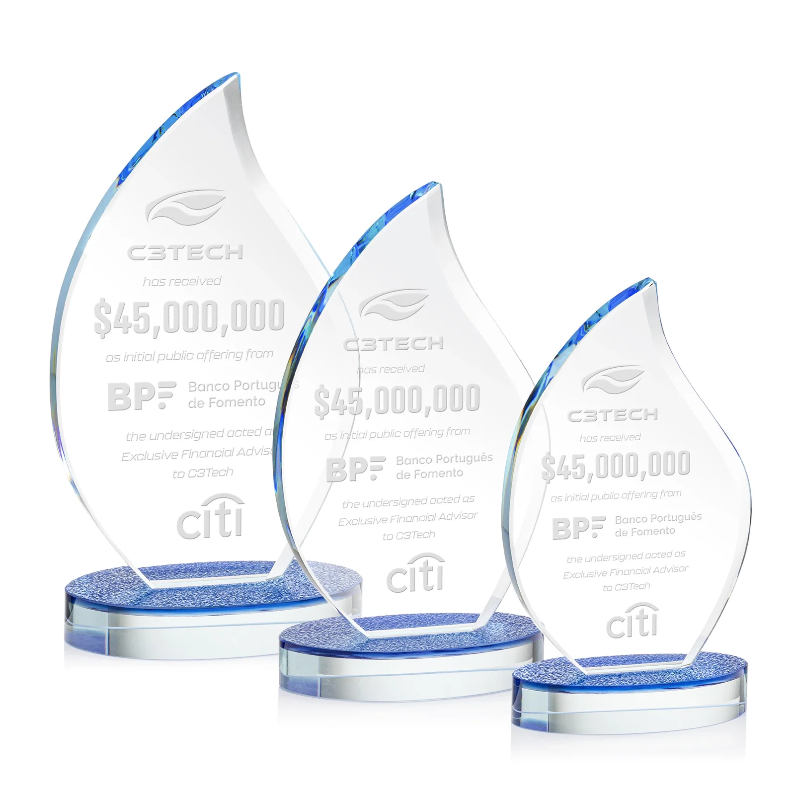 Custom Starfire Crystal Flame Award on Textured Sapphire Base for employee recognition