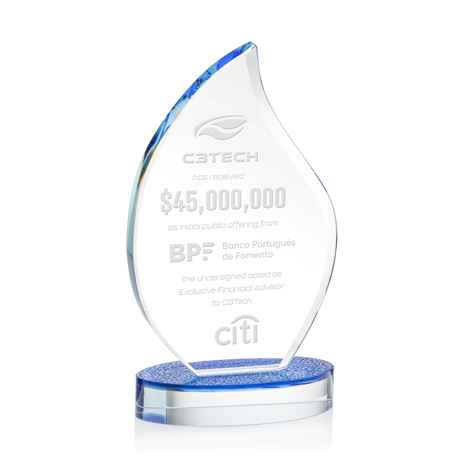 Custom Starfire Crystal Flame Award on Textured Sapphire Base for corporate award ceremonies