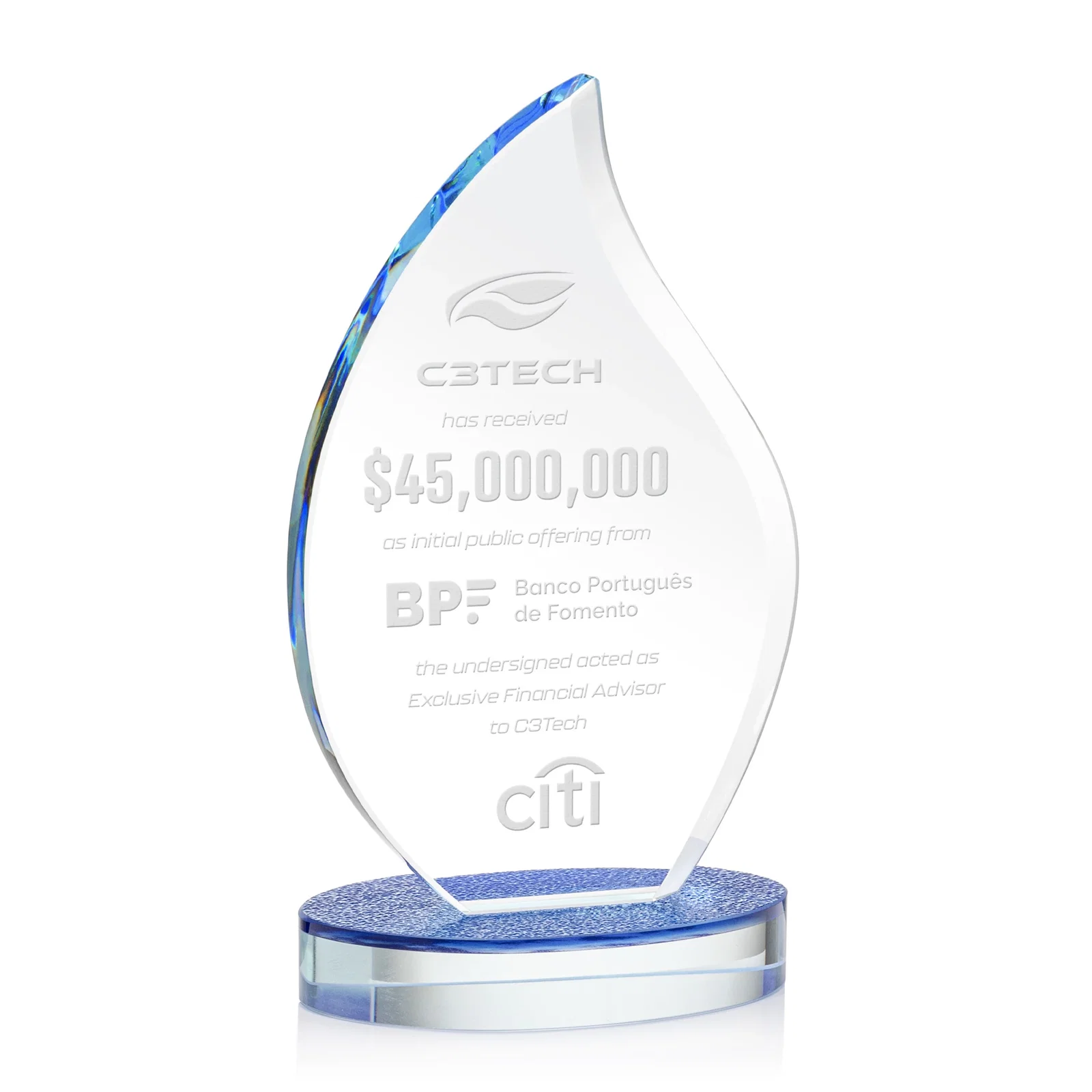 Custom Starfire Crystal Flame Award on Textured Sapphire Base for service anniversary gifts