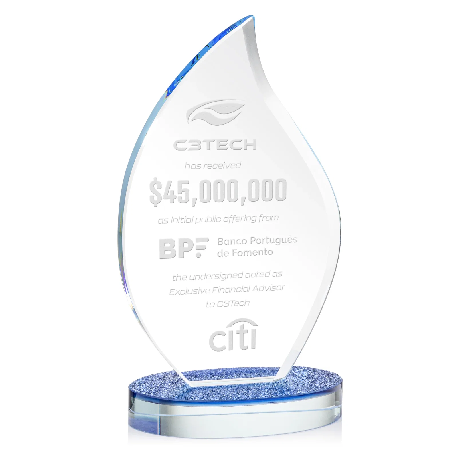 Custom Starfire Crystal Flame Award on Textured Sapphire Base for sales achievement awards