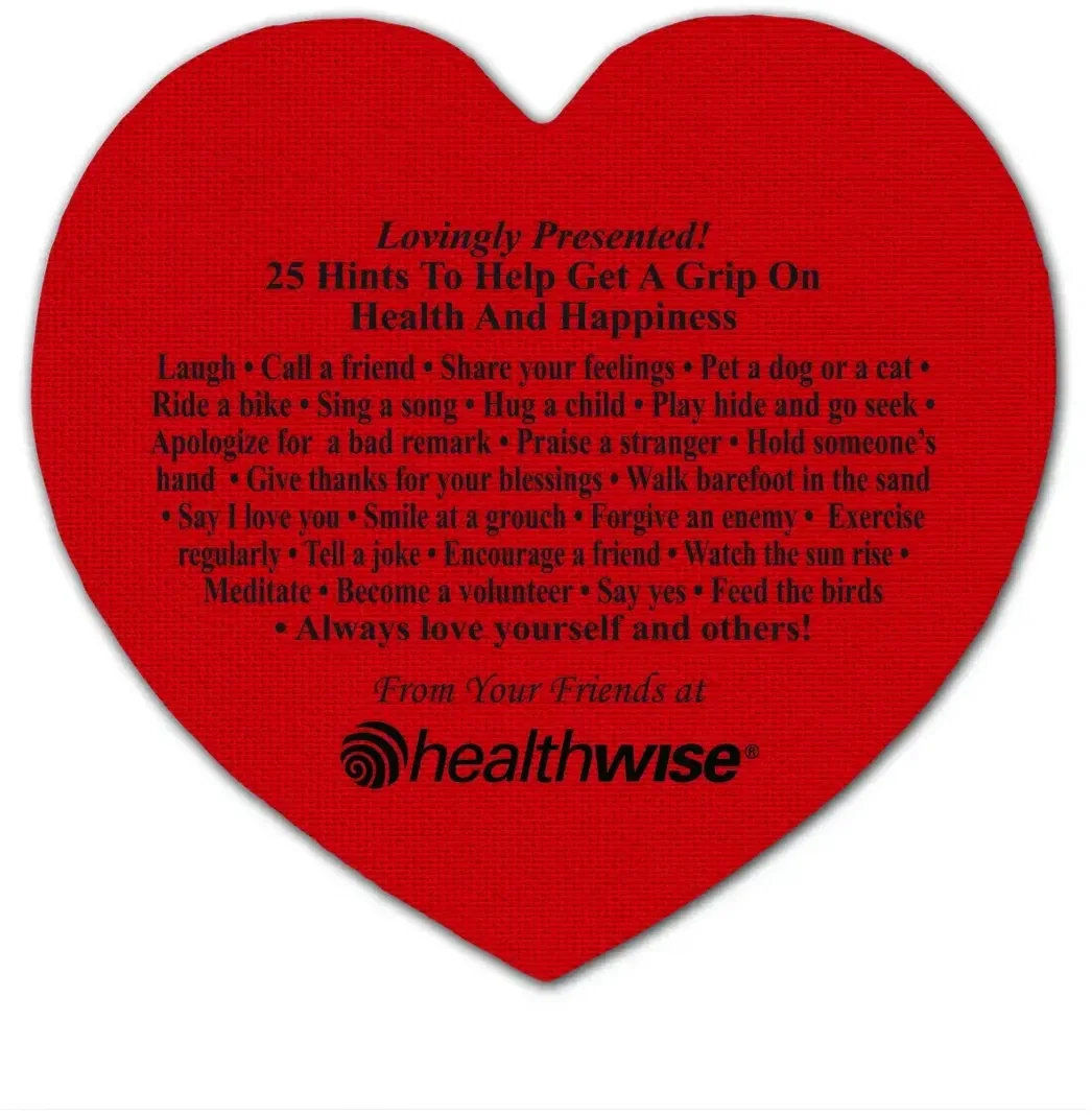 Health & Happiness Heart Jar Opener. Heart-shaped rubber jar opener grip pad for healthcare and wellness giveaways, view 2