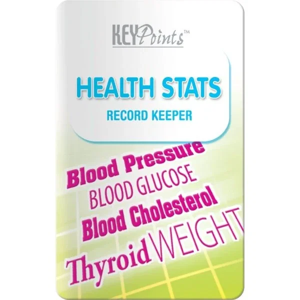 Health Stats Record Keeper Card front for tracking blood pressure and cholesterol, credit-card size