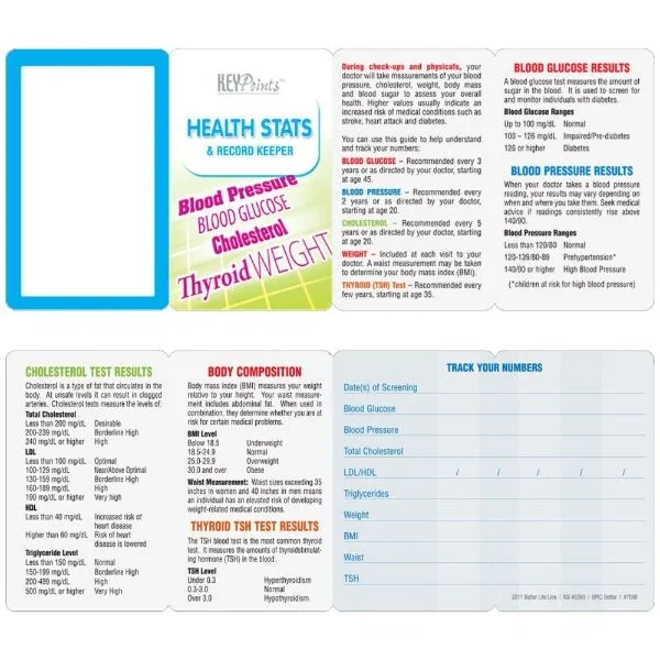 Health Stats Record Keeper Card folded to credit-card size showing check-up log fields