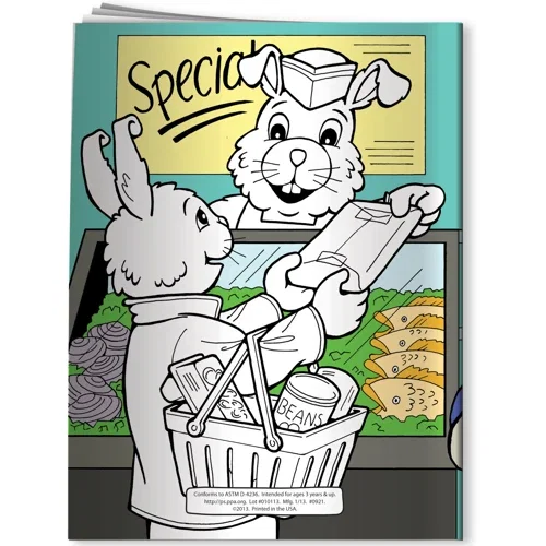 Healthy Eating coloring book interior page with line-art supermarket scenes to color