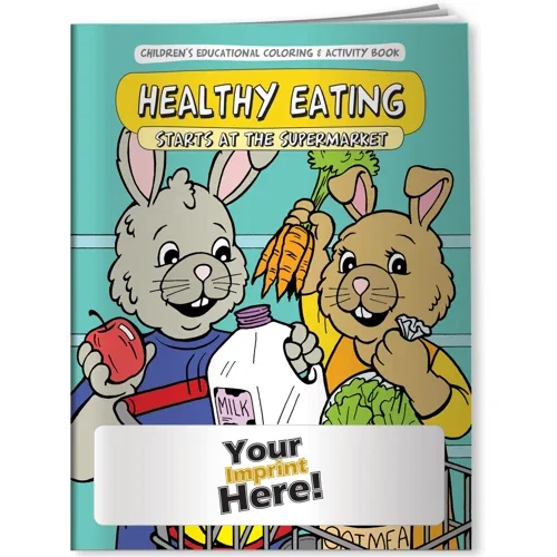 Healthy Eating at the Supermarket coloring book cover, kids' nutrition activity book