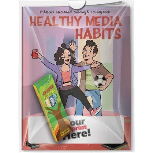 Healthy Media Habits coloring book and imprinted 4-pack crayons combo in poly bag