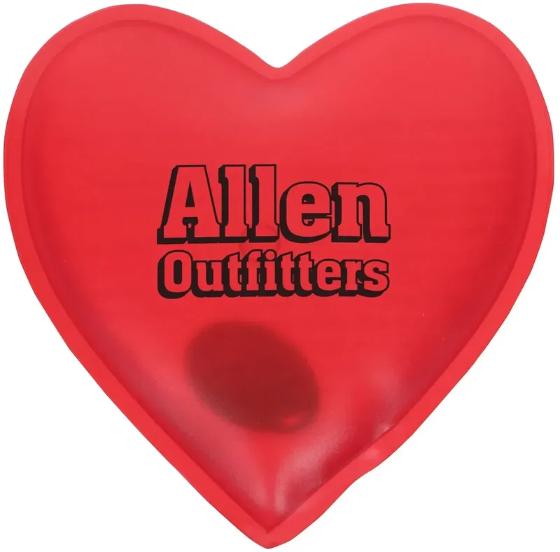 Custom heart-shaped reusable hand warmer held in hand, lifestyle shot with logo