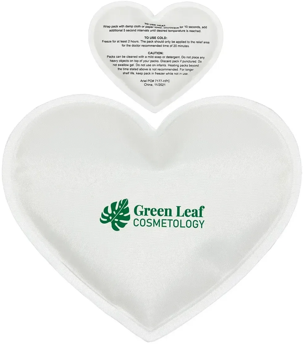 Branded Heart nylon-covered hot/cold pack angled view of the soft heart-shaped pack