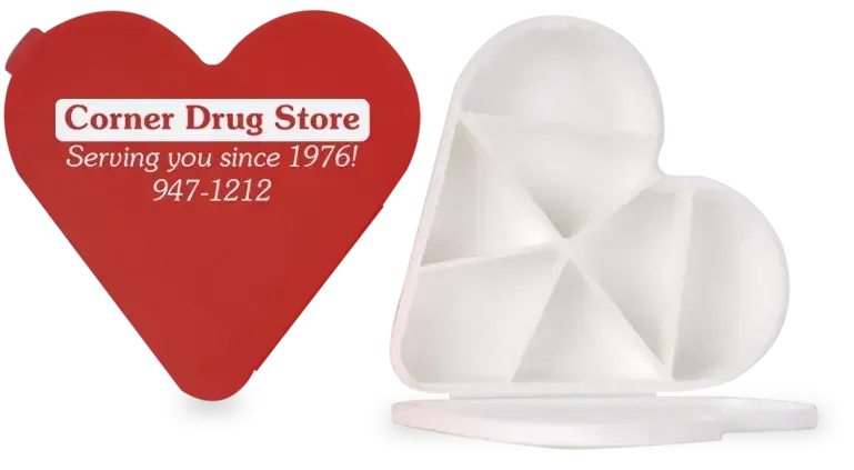 Heart Pill Box. Heart-shaped polypropylene pill box with seven weekly compartments for clinics