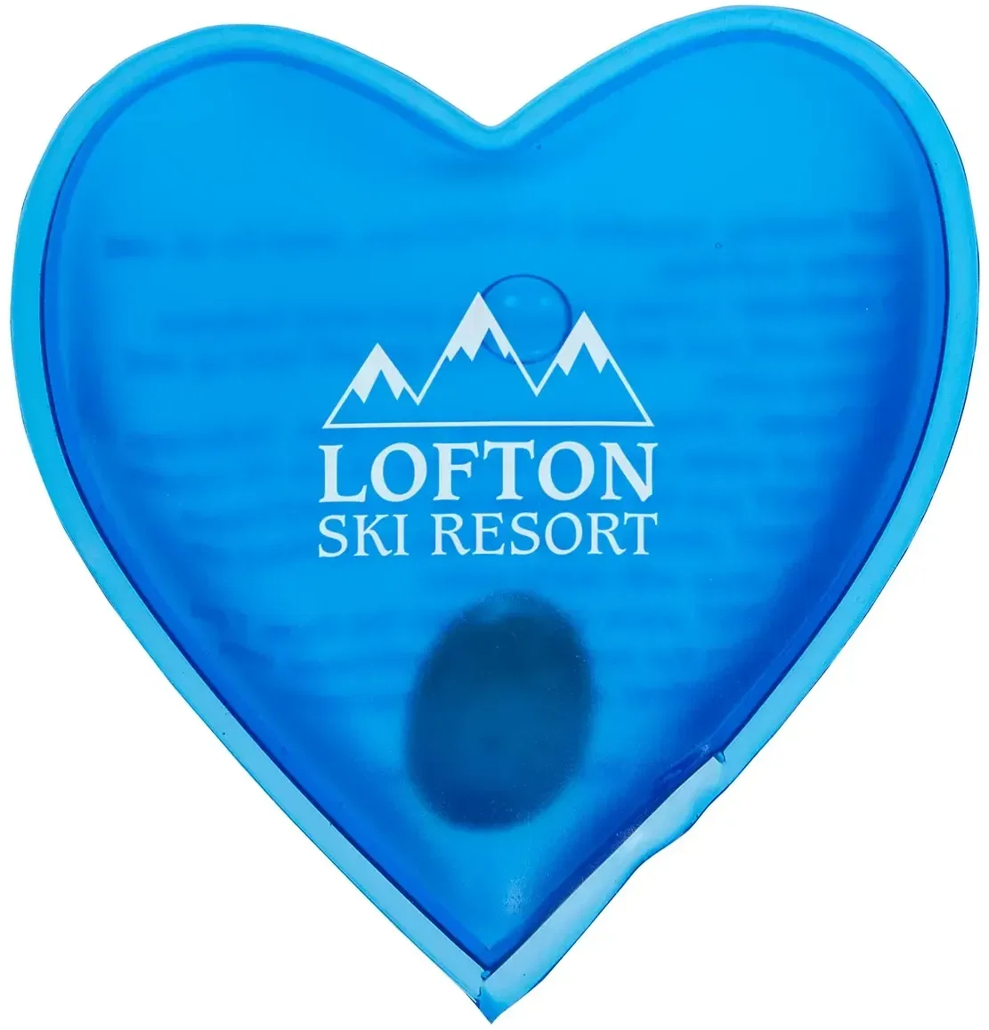 Promotional branded heart hand warmer showing inner metal disk, detail view