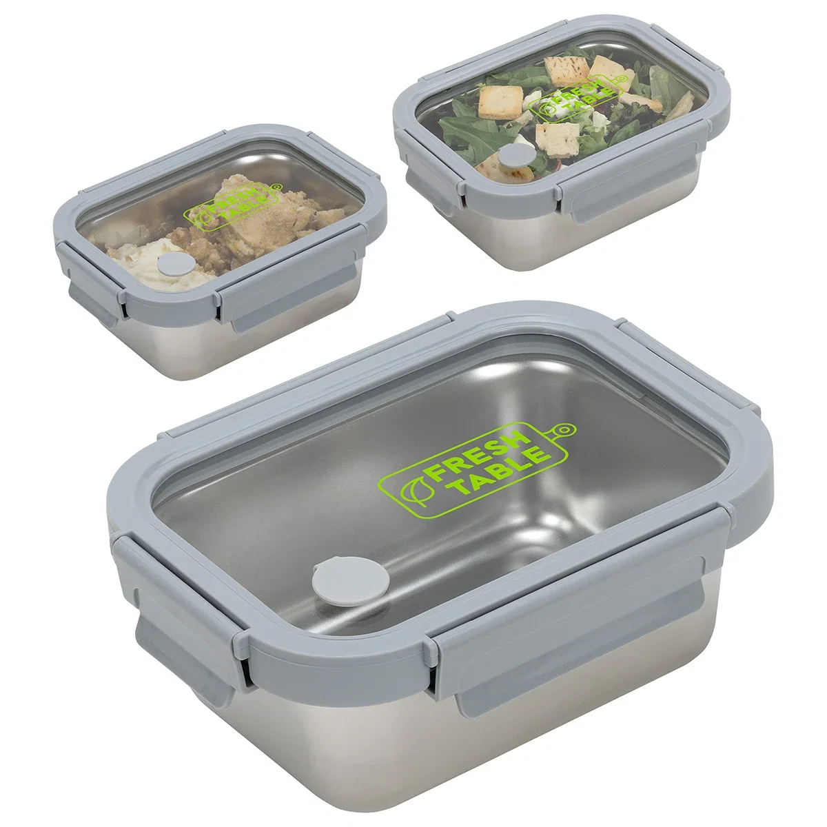 Custom Heat 'N Eat Microwaveable Stainless Steel Lunch Box, front view of the branded lunch container