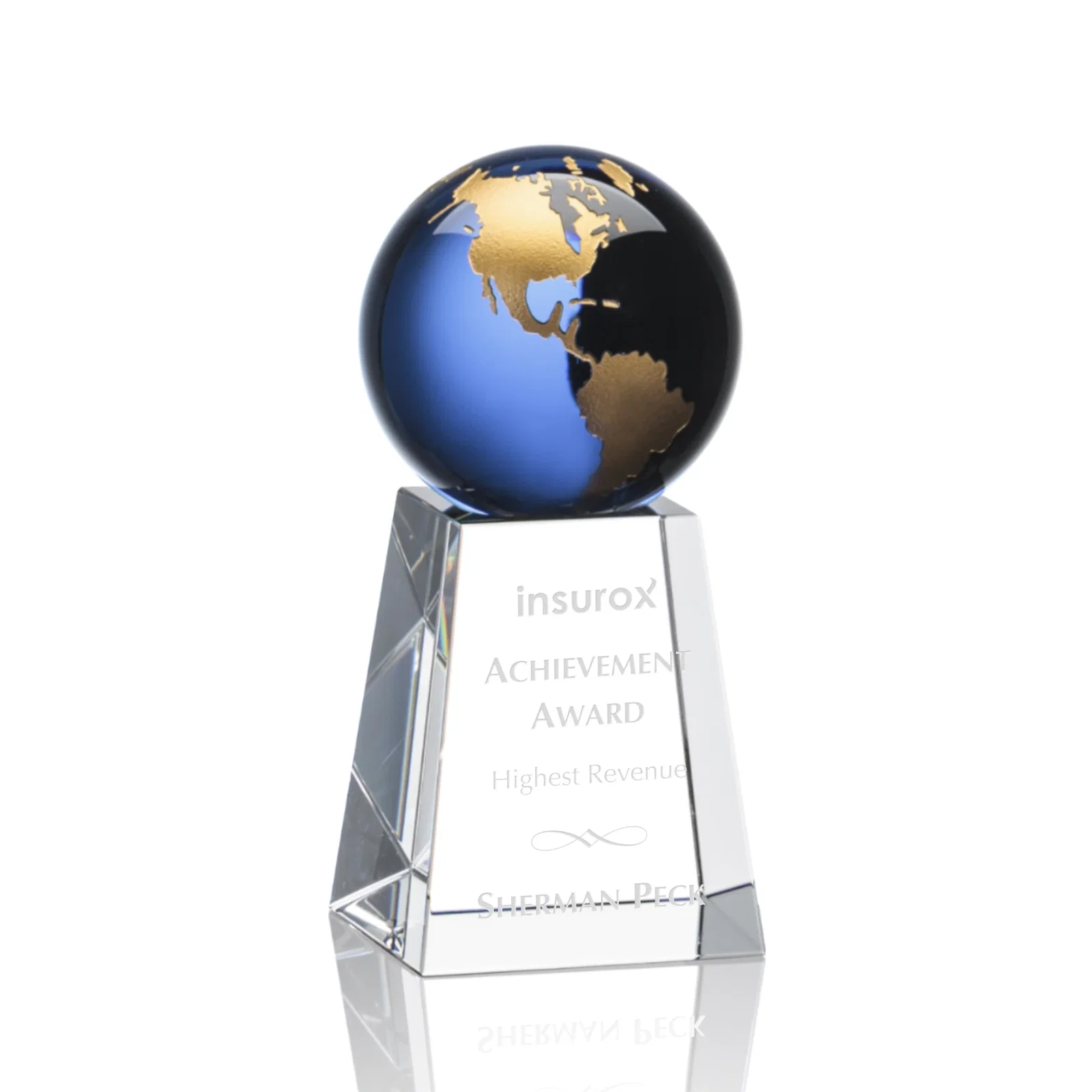 Custom Emerald Optical Crystal Globe Award with Gold or Silver Outline for volunteer appreciation