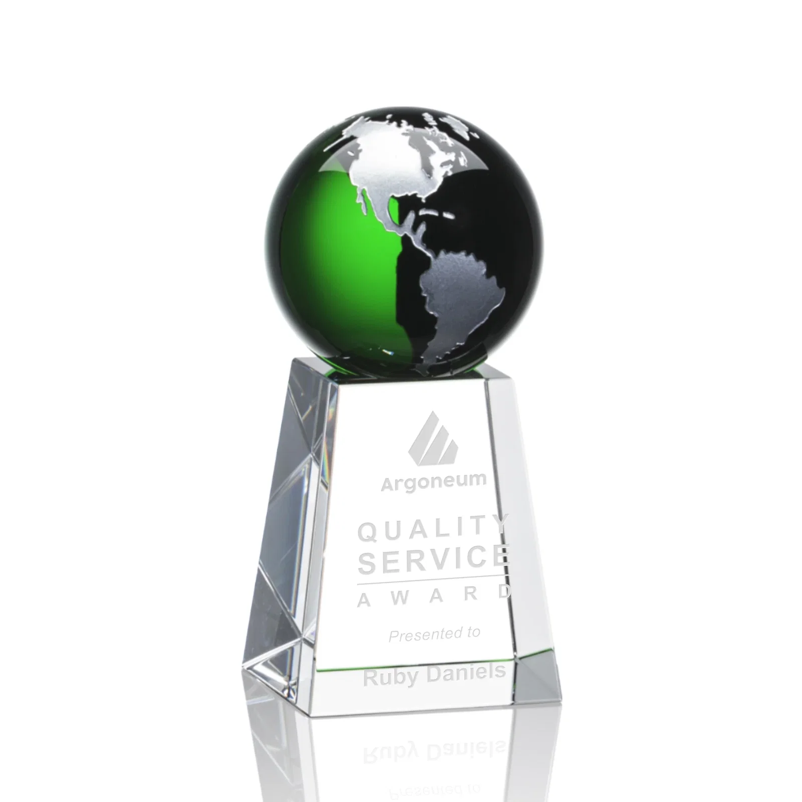 Personalized Emerald Optical Crystal Globe Award with Gold or Silver Outline for employee recognition