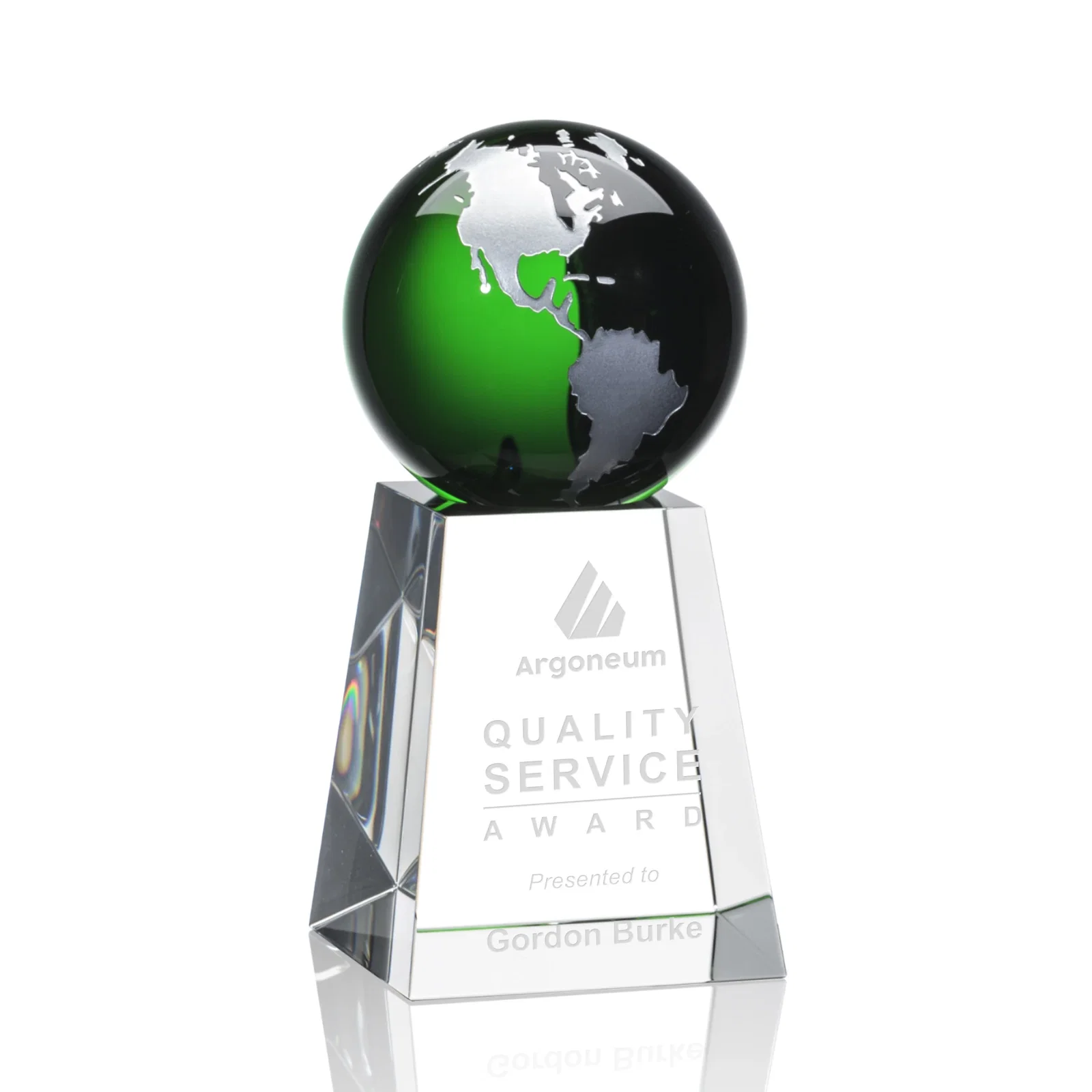 Personalized Emerald Optical Crystal Globe Award with Gold or Silver Outline for corporate award ceremonies