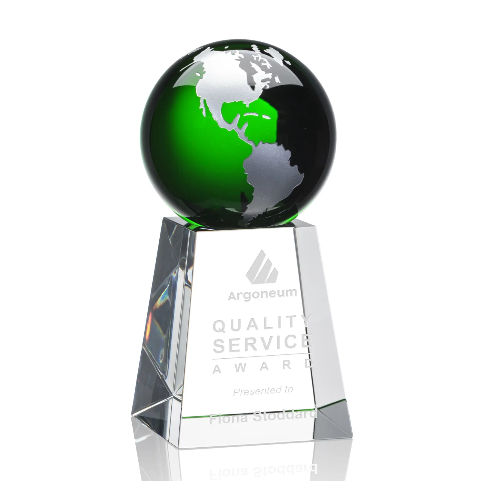 Personalized Emerald Optical Crystal Globe Award with Gold or Silver Outline for service anniversary gifts