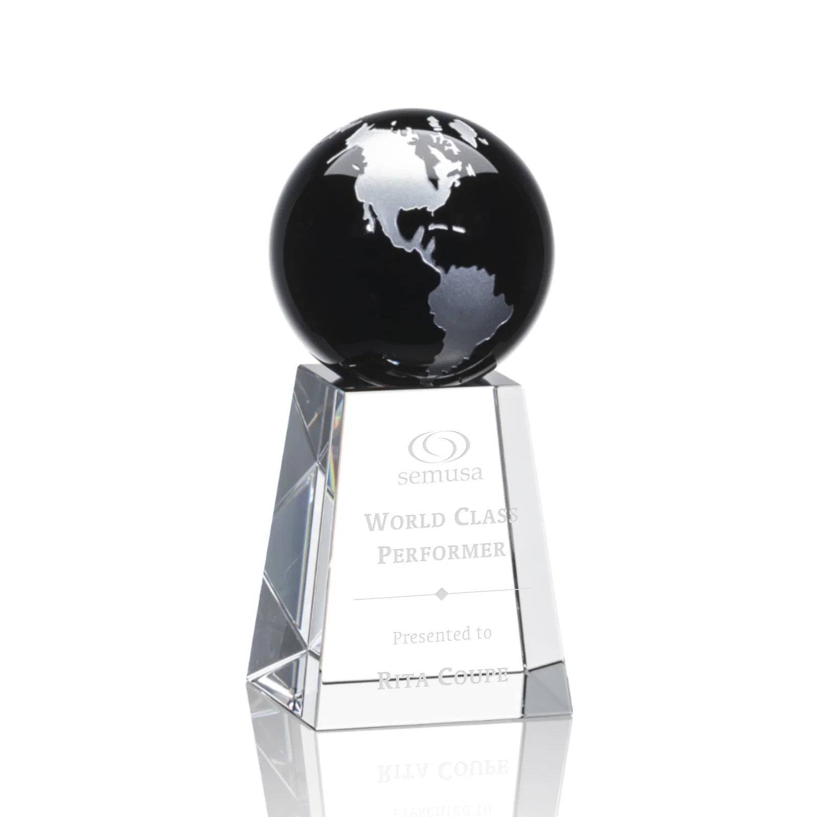 Personalized Emerald Optical Crystal Globe Award with Gold or Silver Outline for sales achievement awards