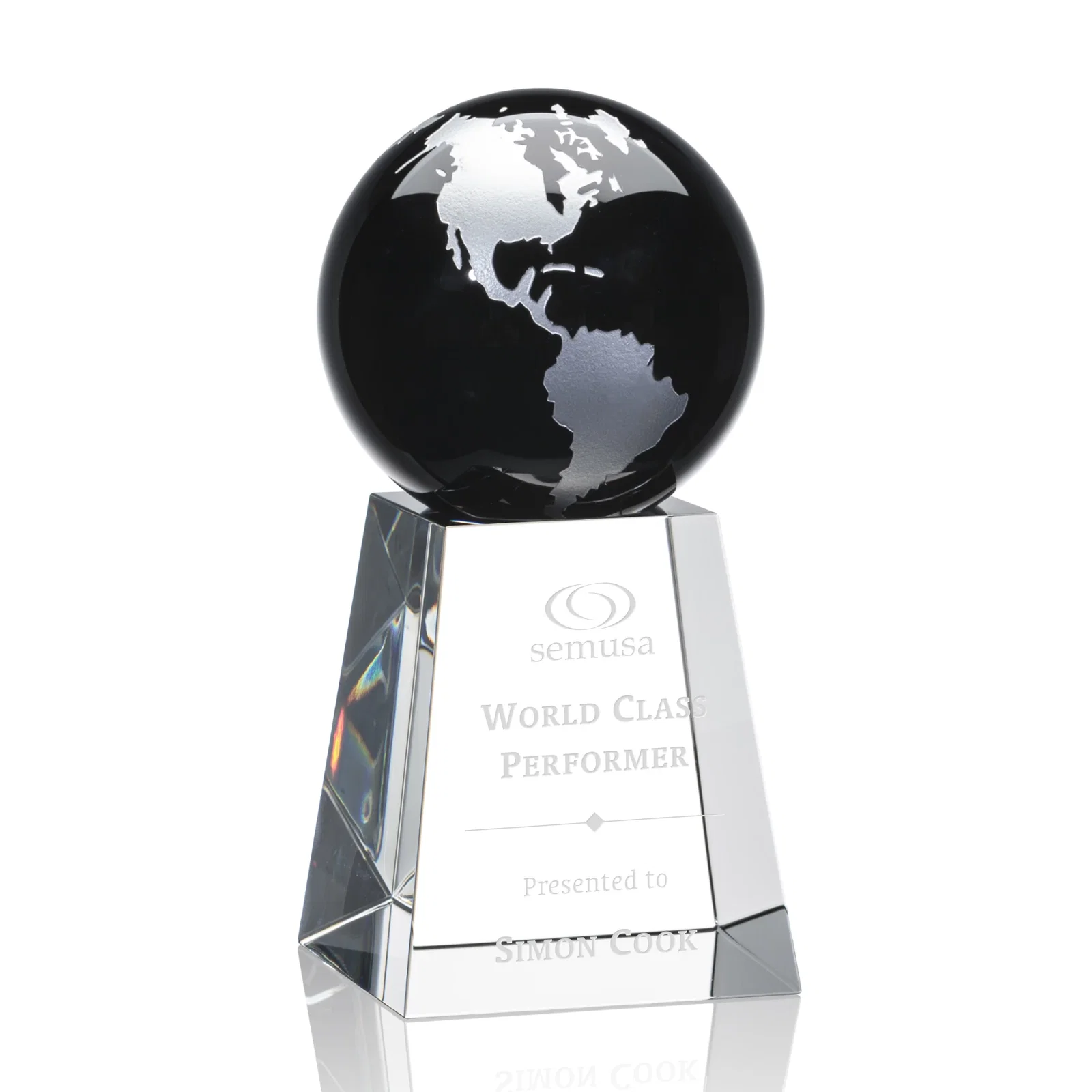 Personalized Emerald Optical Crystal Globe Award with Gold or Silver Outline for team milestone celebrations