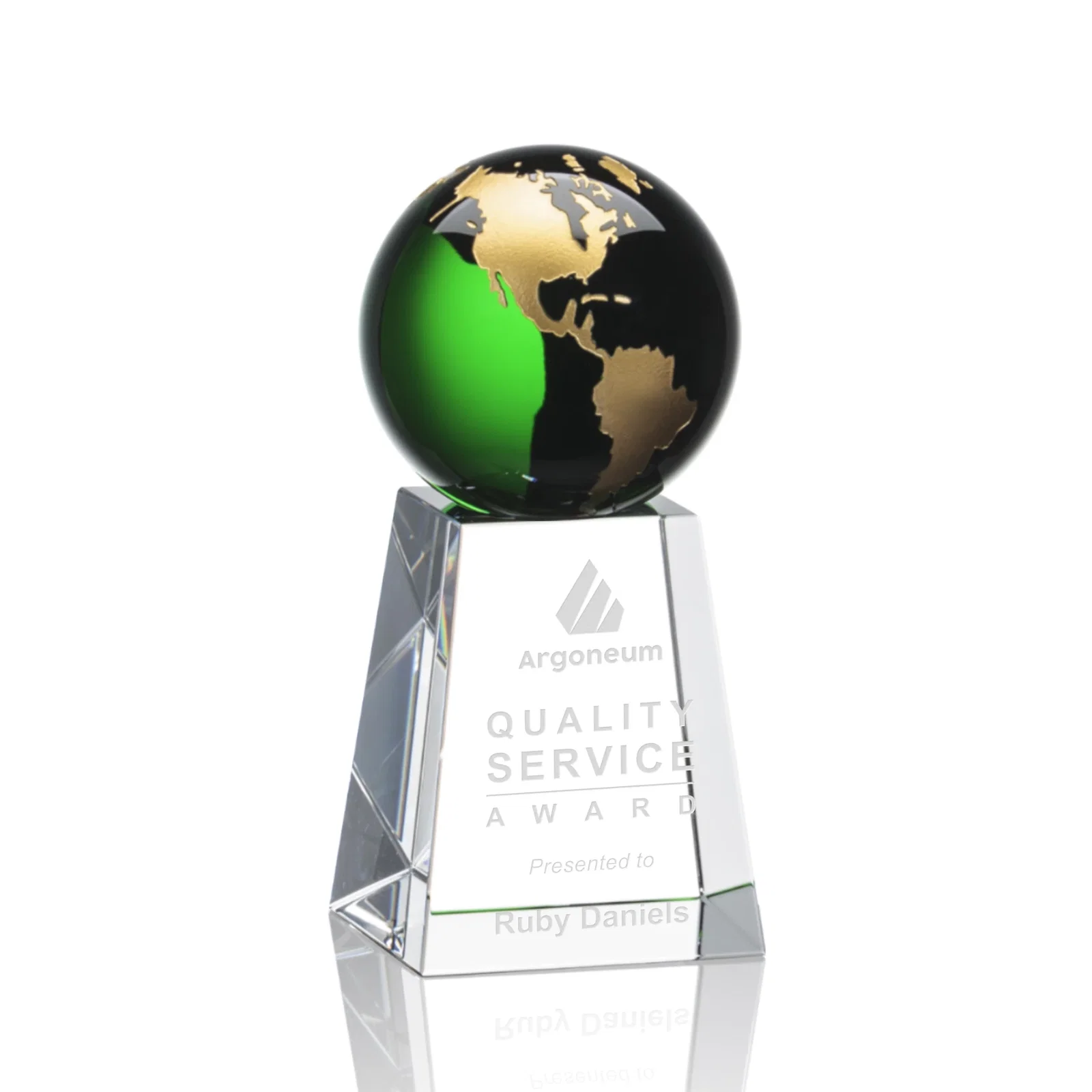 Custom Emerald Optical Crystal Globe Award with Gold or Silver Outline for corporate award ceremonies