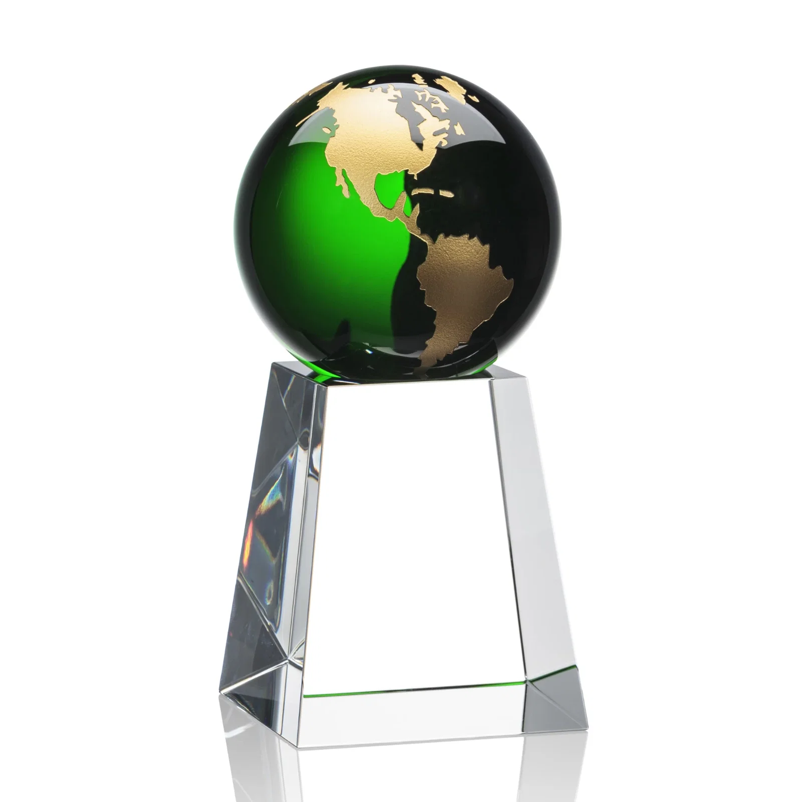 Personalized Emerald Optical Crystal Globe Award with Gold or Silver Outline for company anniversary events