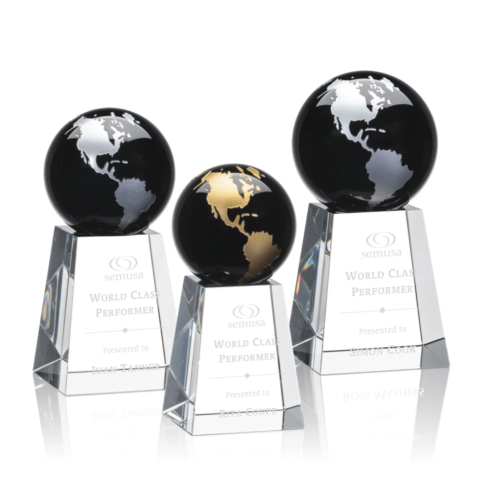 Custom Emerald Optical Crystal Globe Award with Gold or Silver Outline for retirement presentations