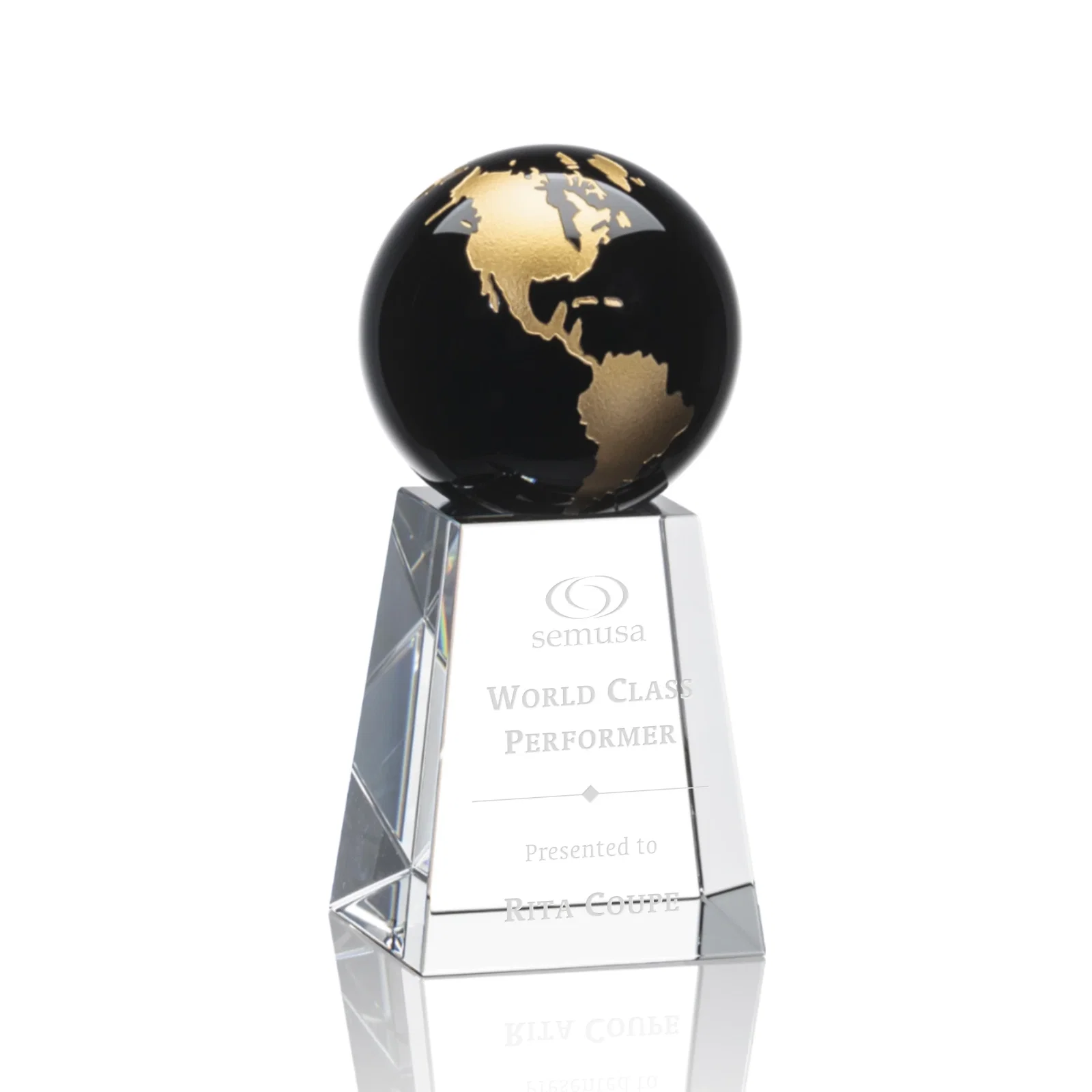 Custom Emerald Optical Crystal Globe Award with Gold or Silver Outline for team milestone celebrations