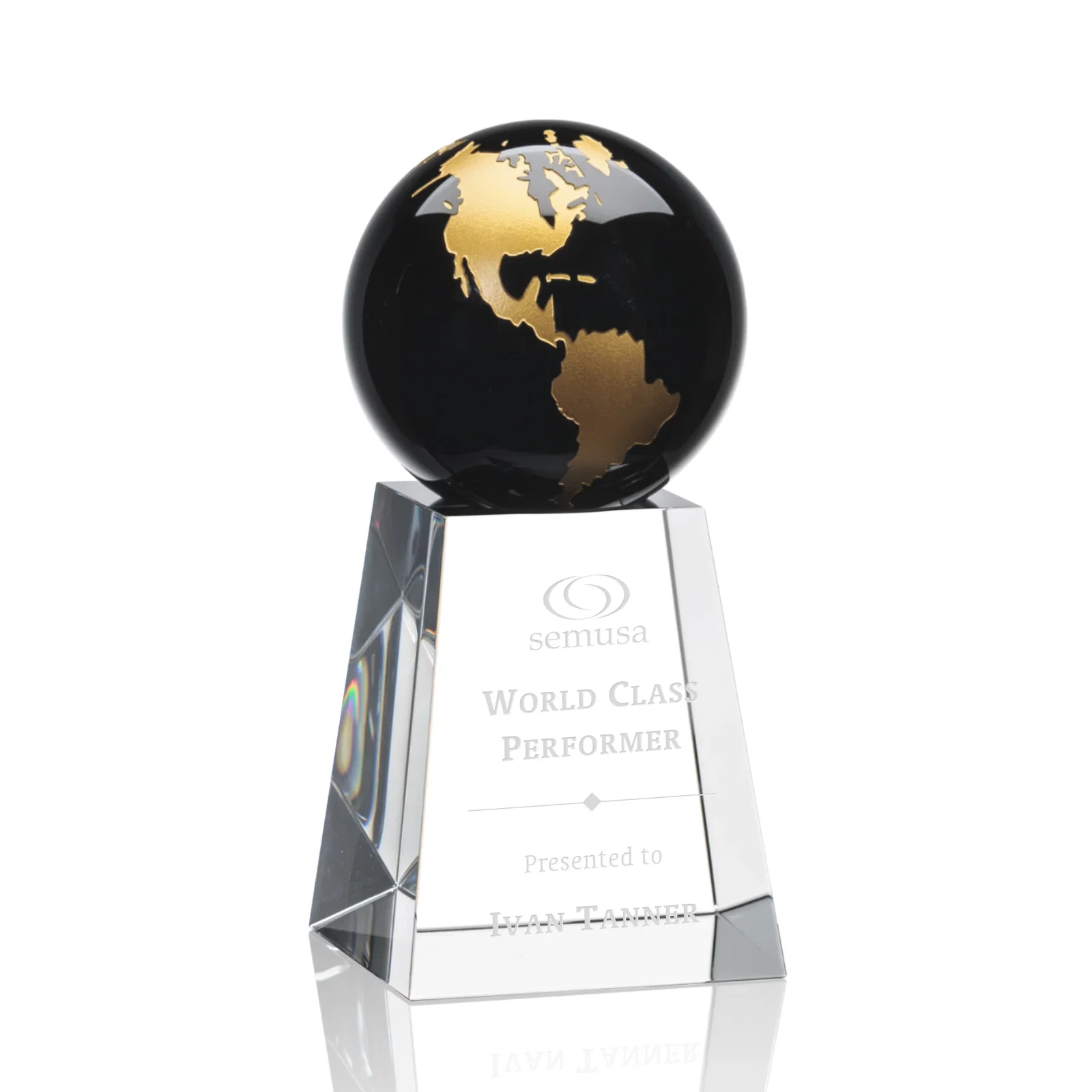 Custom Emerald Optical Crystal Globe Award with Gold or Silver Outline for donor appreciation