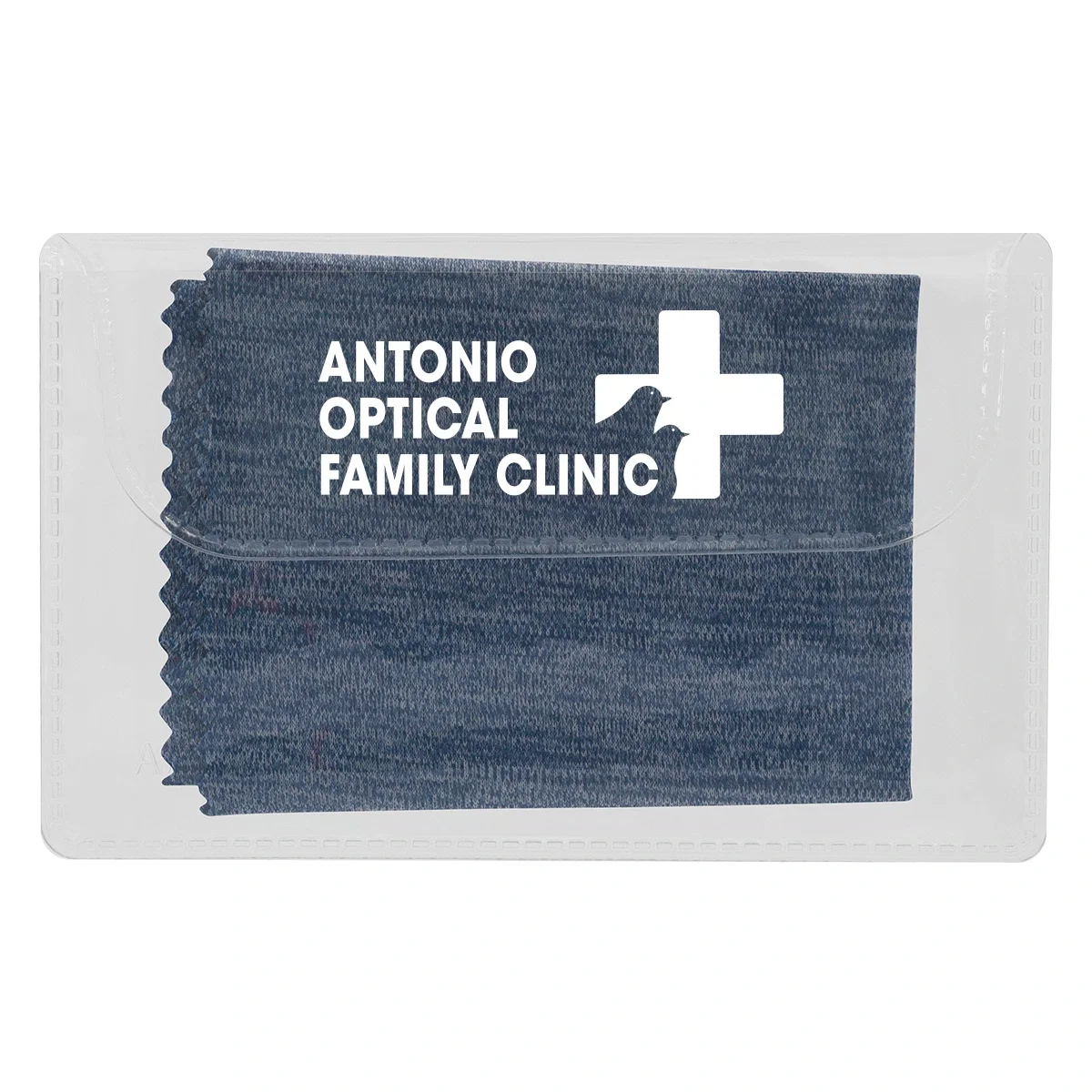 Heathered cleaning cloth tucked inside a four inch carrying case