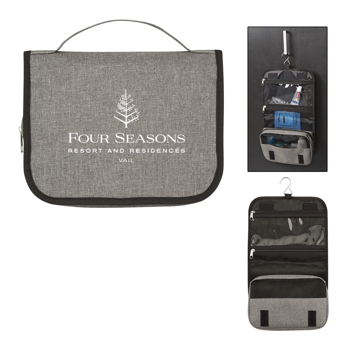 Gray heathered toiletry bag folded closed for travel
