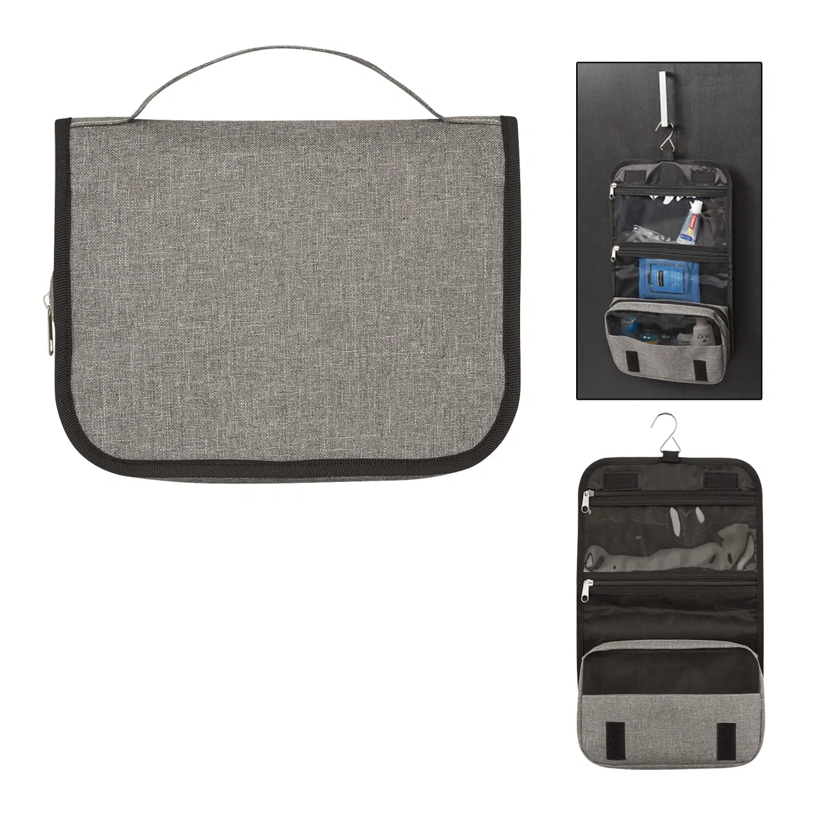 Hanging hook lets the case dangle from a towel bar