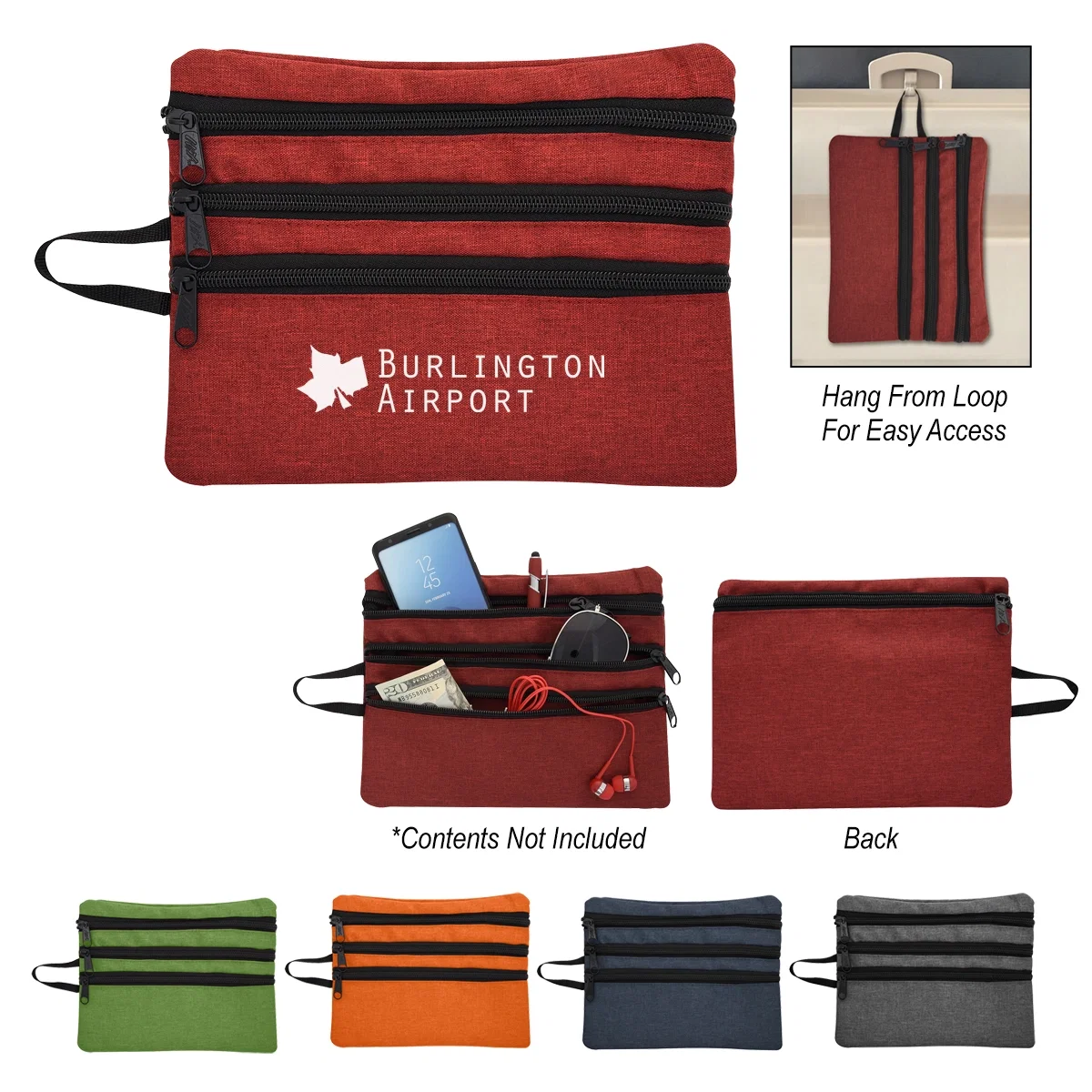 Heathered tech accessory bag zipped shut for travel