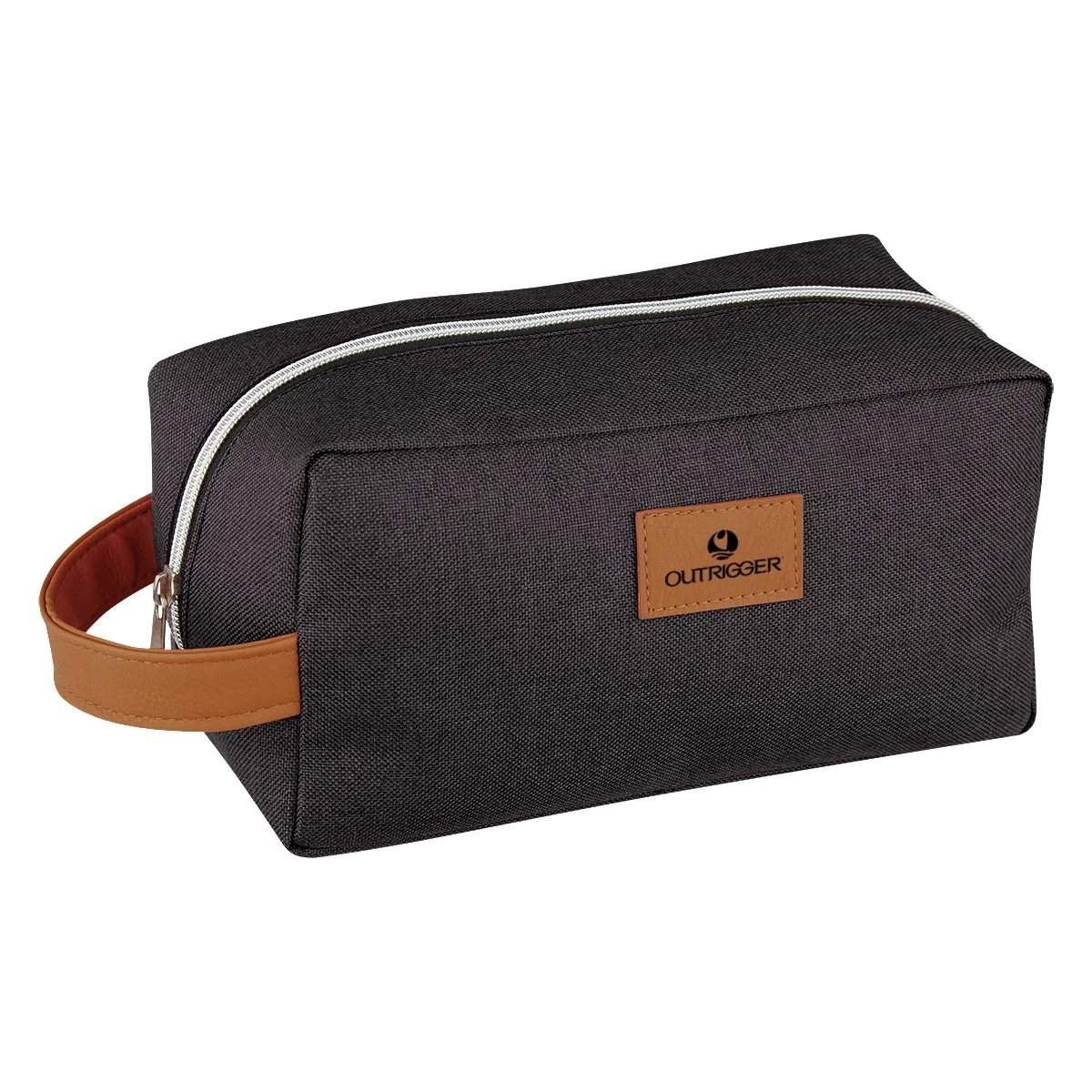 Heathered toiletry bag zipped shut and standing on end