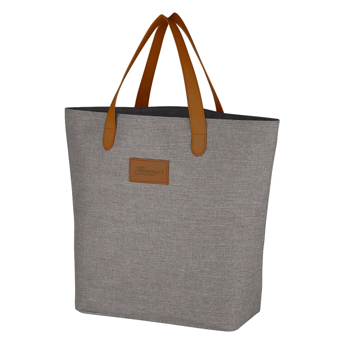 Heathered tote bag standing upright with both handles pointing up