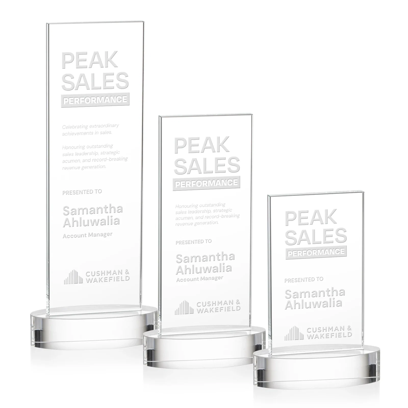 Custom Starfire Crystal Upright Award With Two Imprint Zones, awards for employee recognition