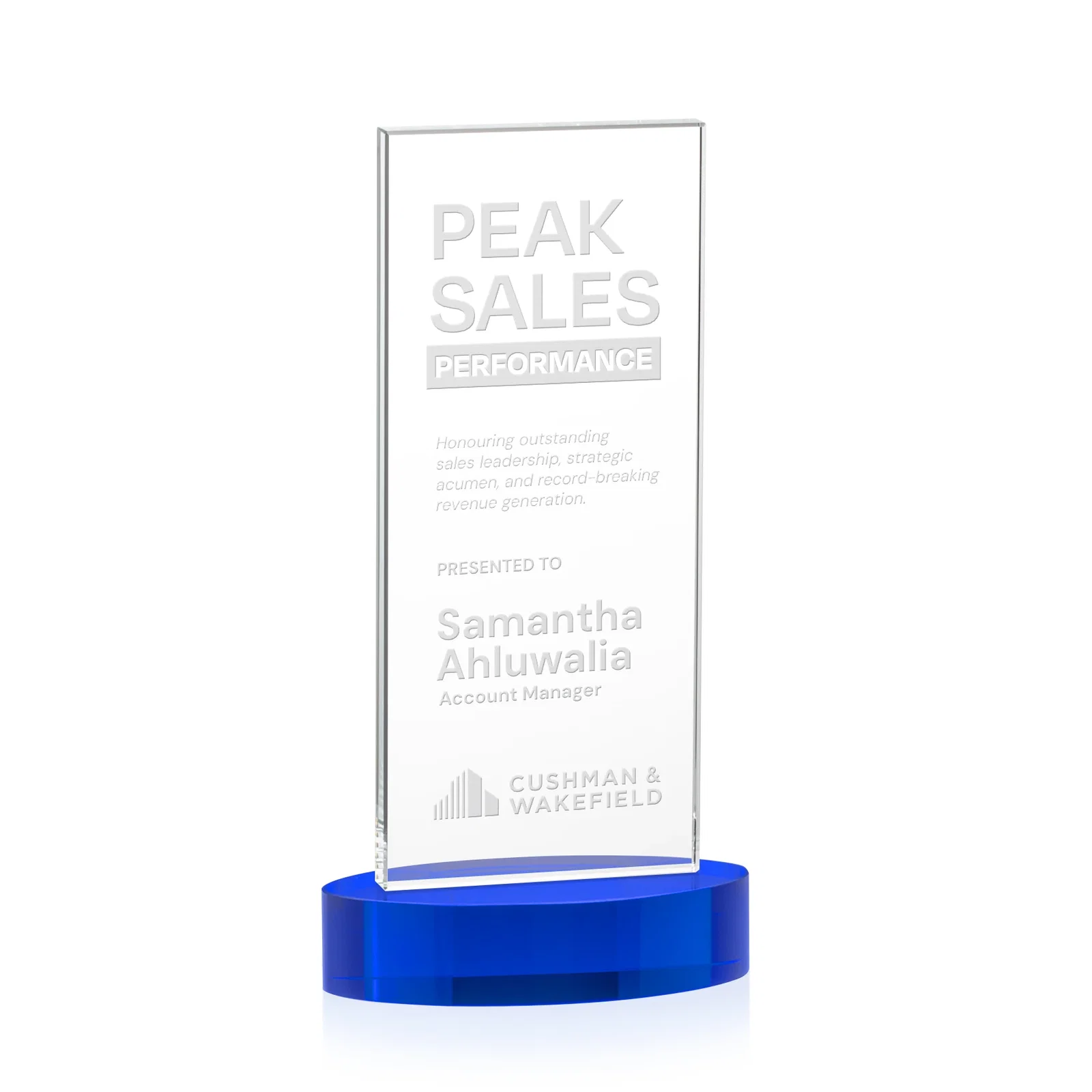 Custom Starfire Crystal Upright Award With Two Imprint Zones, awards for dealer and partner awards
