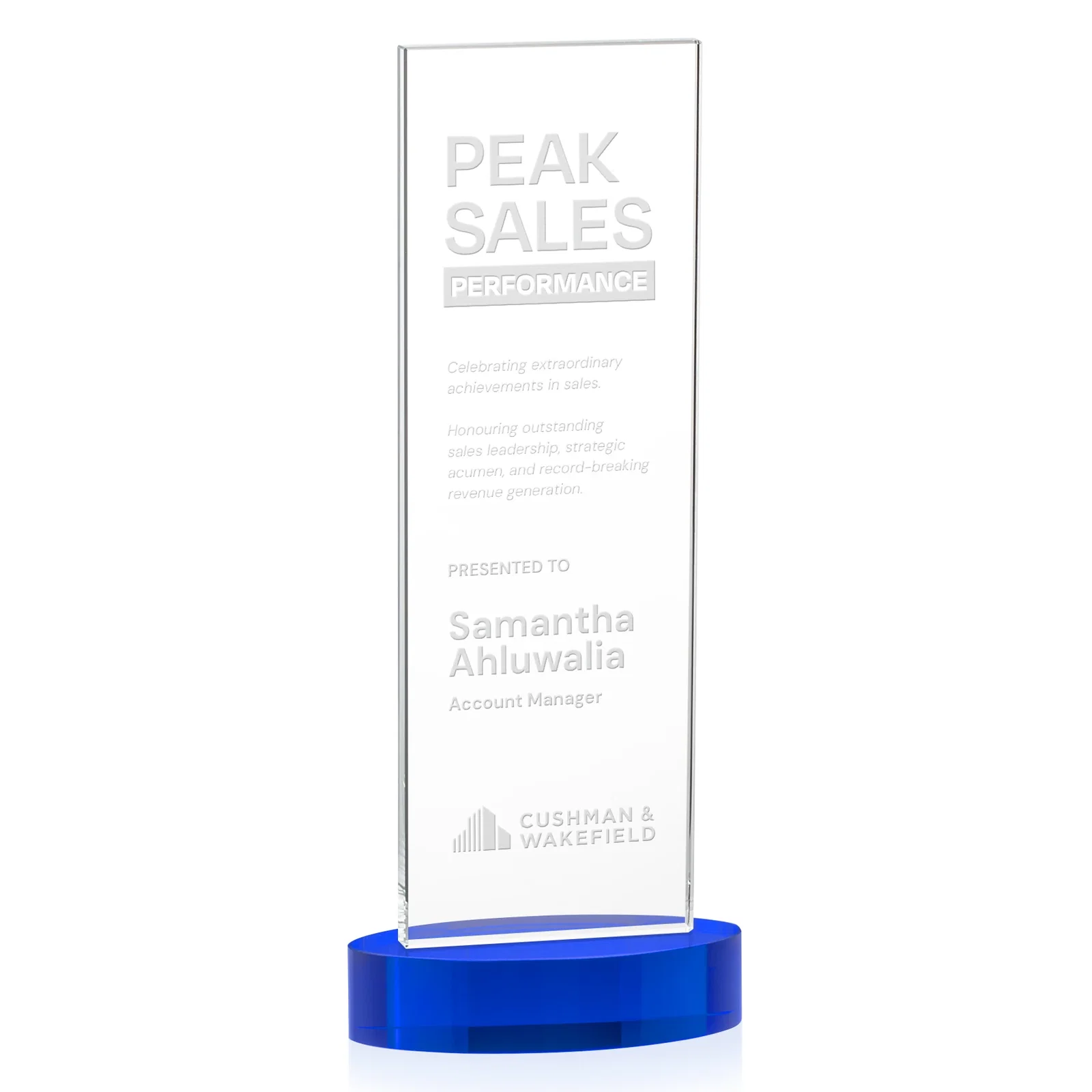 Custom Starfire Crystal Upright Award With Two Imprint Zones, awards for company anniversary events