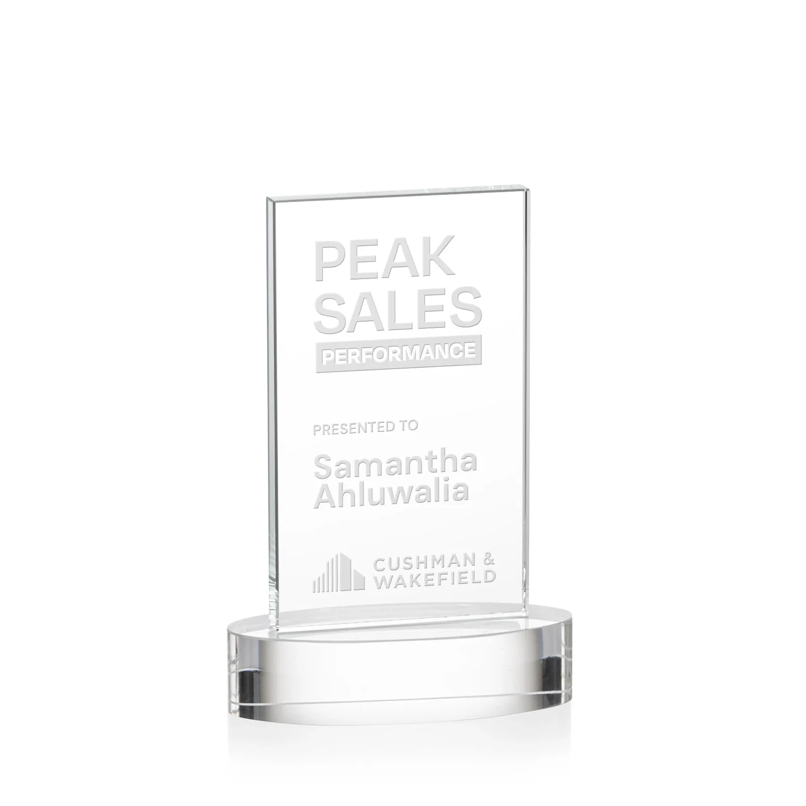 Custom Starfire Crystal Upright Award With Two Imprint Zones, awards for corporate award ceremonies