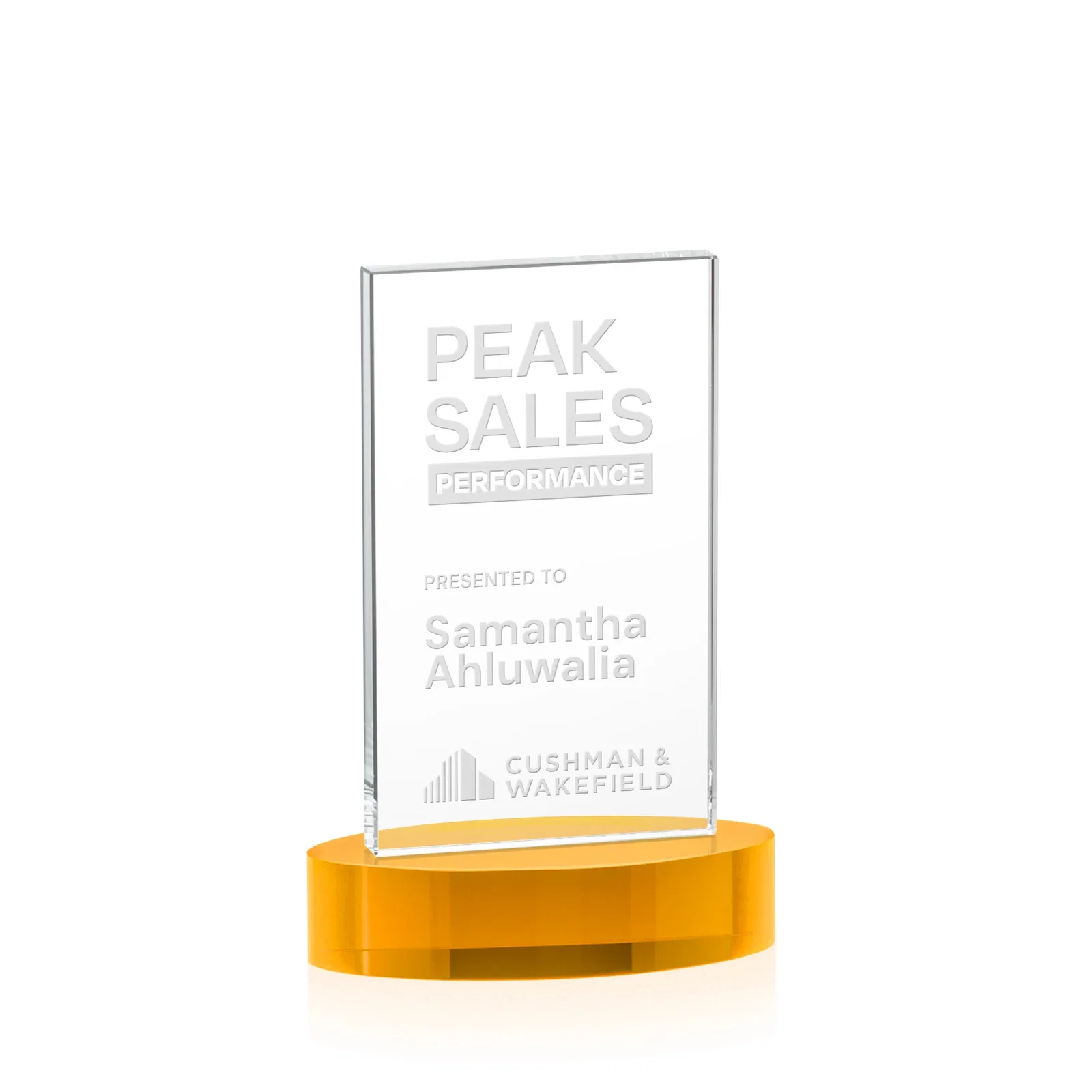 Promotional Starfire Crystal Upright Award With Two Imprint Zones, awards for corporate award ceremonies