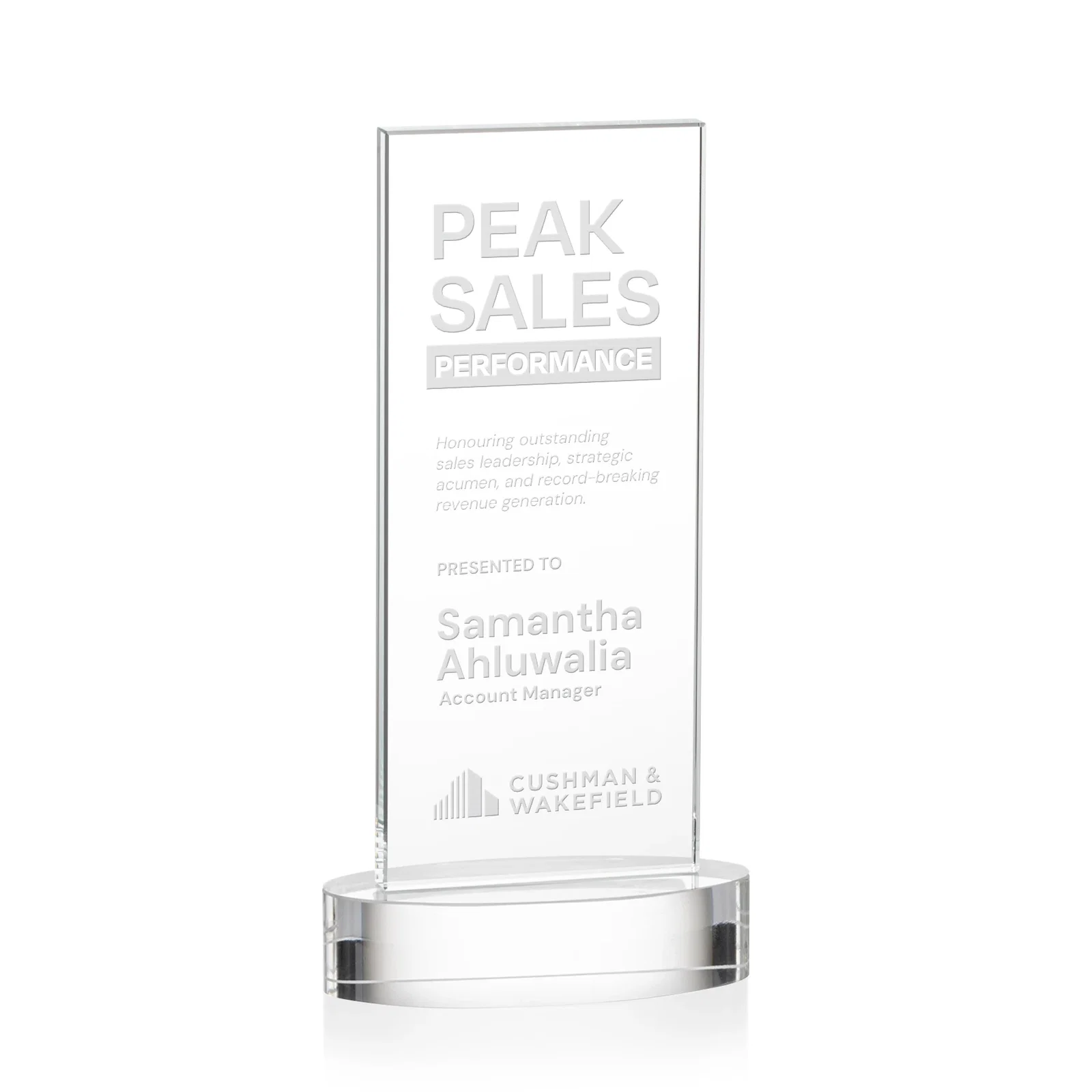 Custom Starfire Crystal Upright Award With Two Imprint Zones, awards for service anniversary gifts
