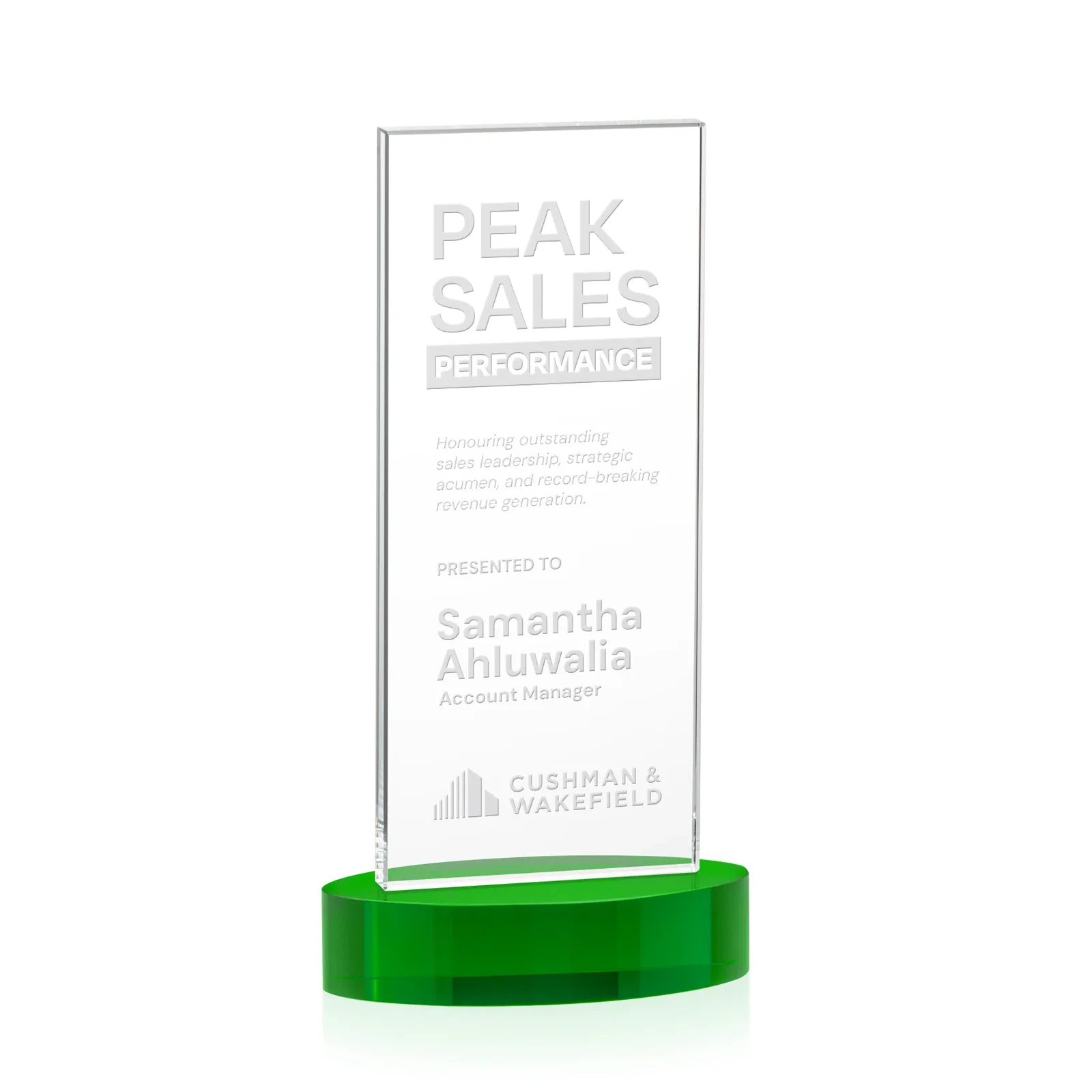 Promotional Starfire Crystal Upright Award With Two Imprint Zones, awards for dealer and partner awards