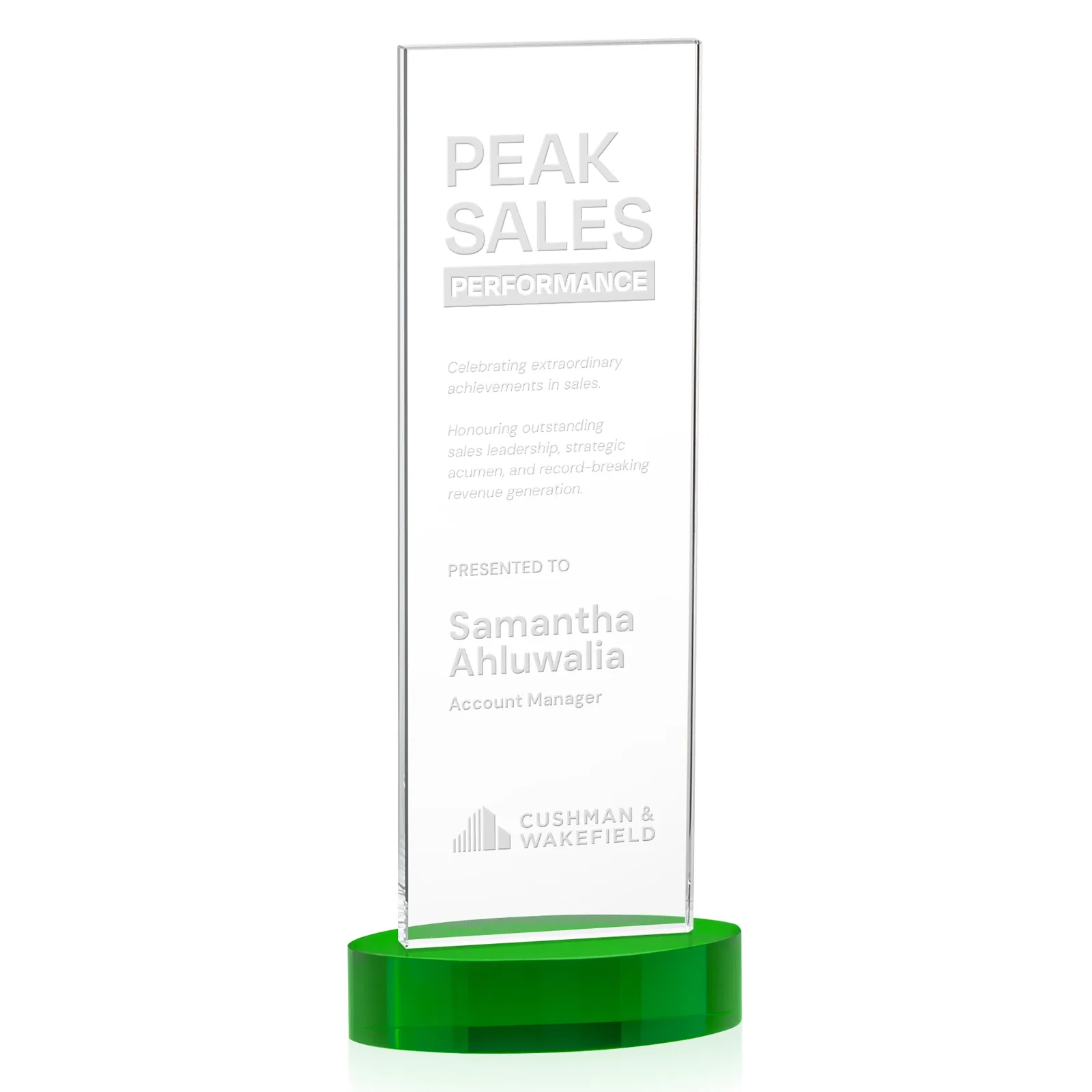 Promotional Starfire Crystal Upright Award With Two Imprint Zones, awards for company anniversary events